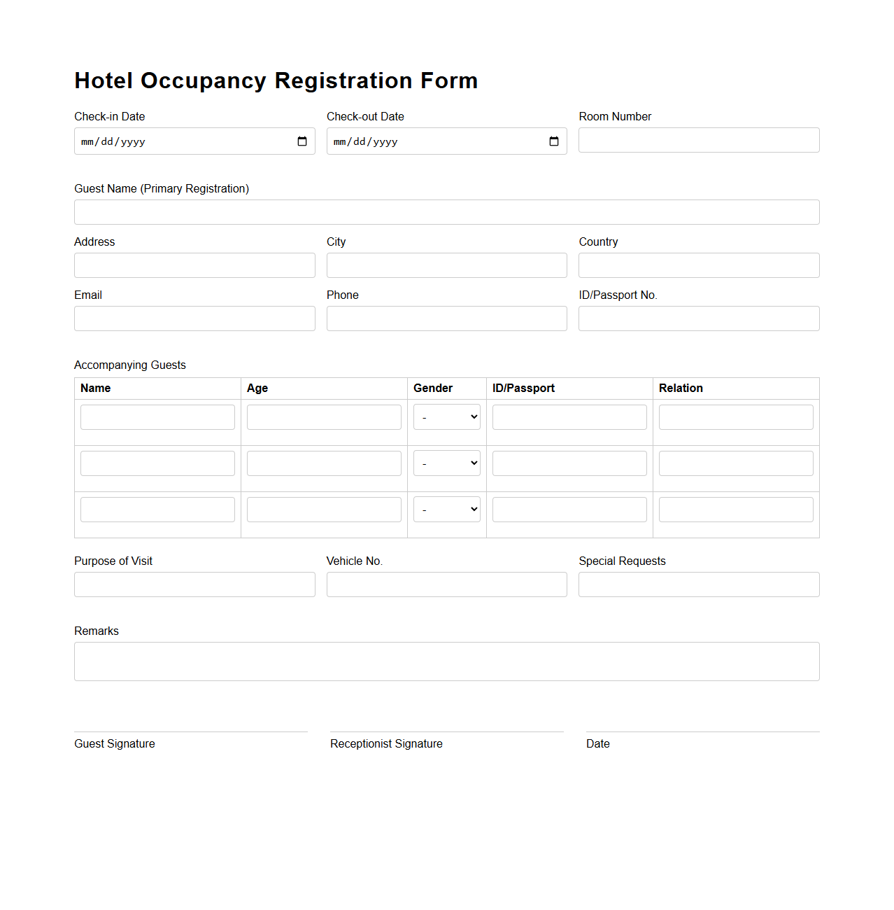 Hotel Occupancy Registration Sample Form