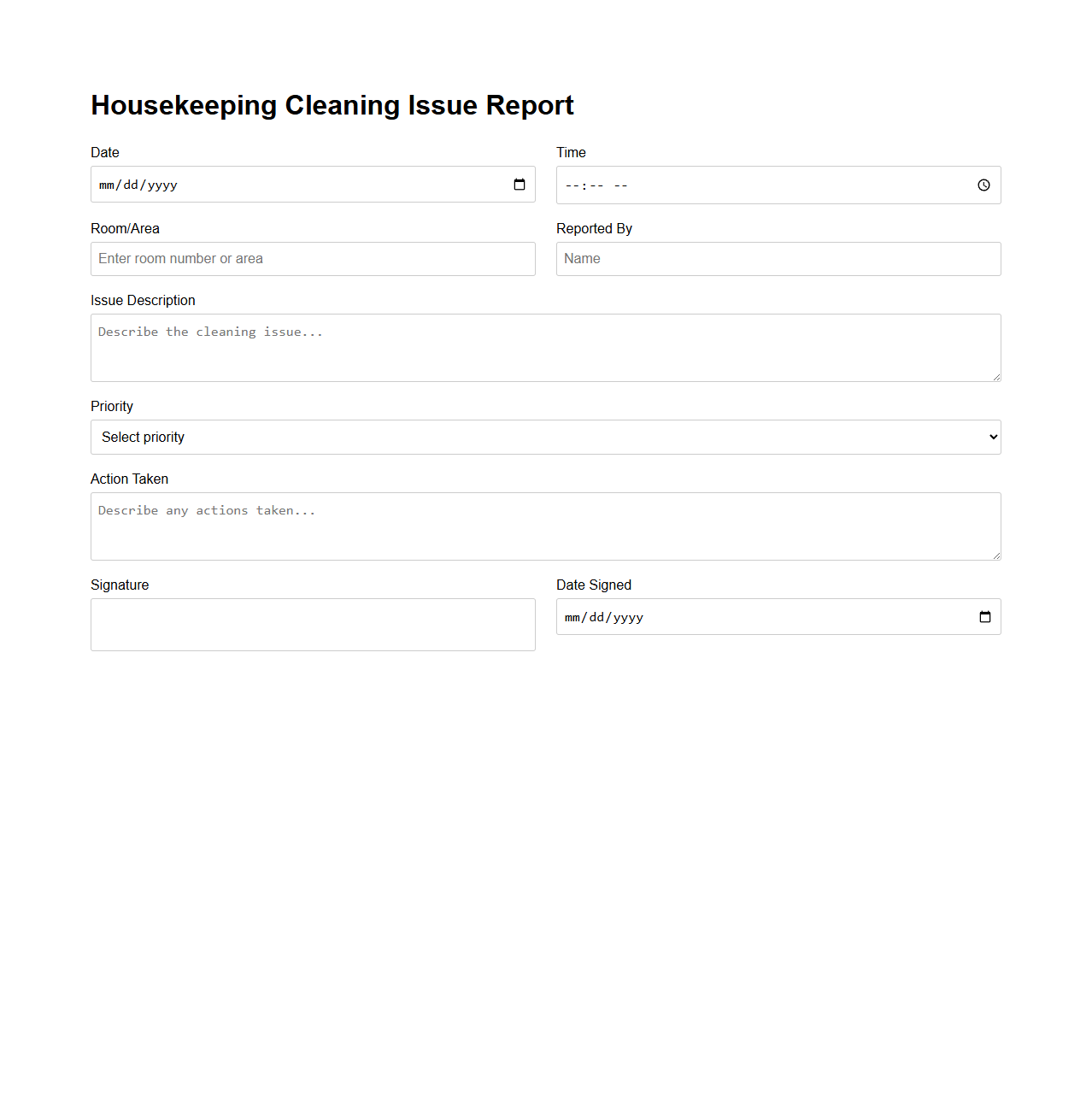 Housekeeping Cleaning Issue Report Template