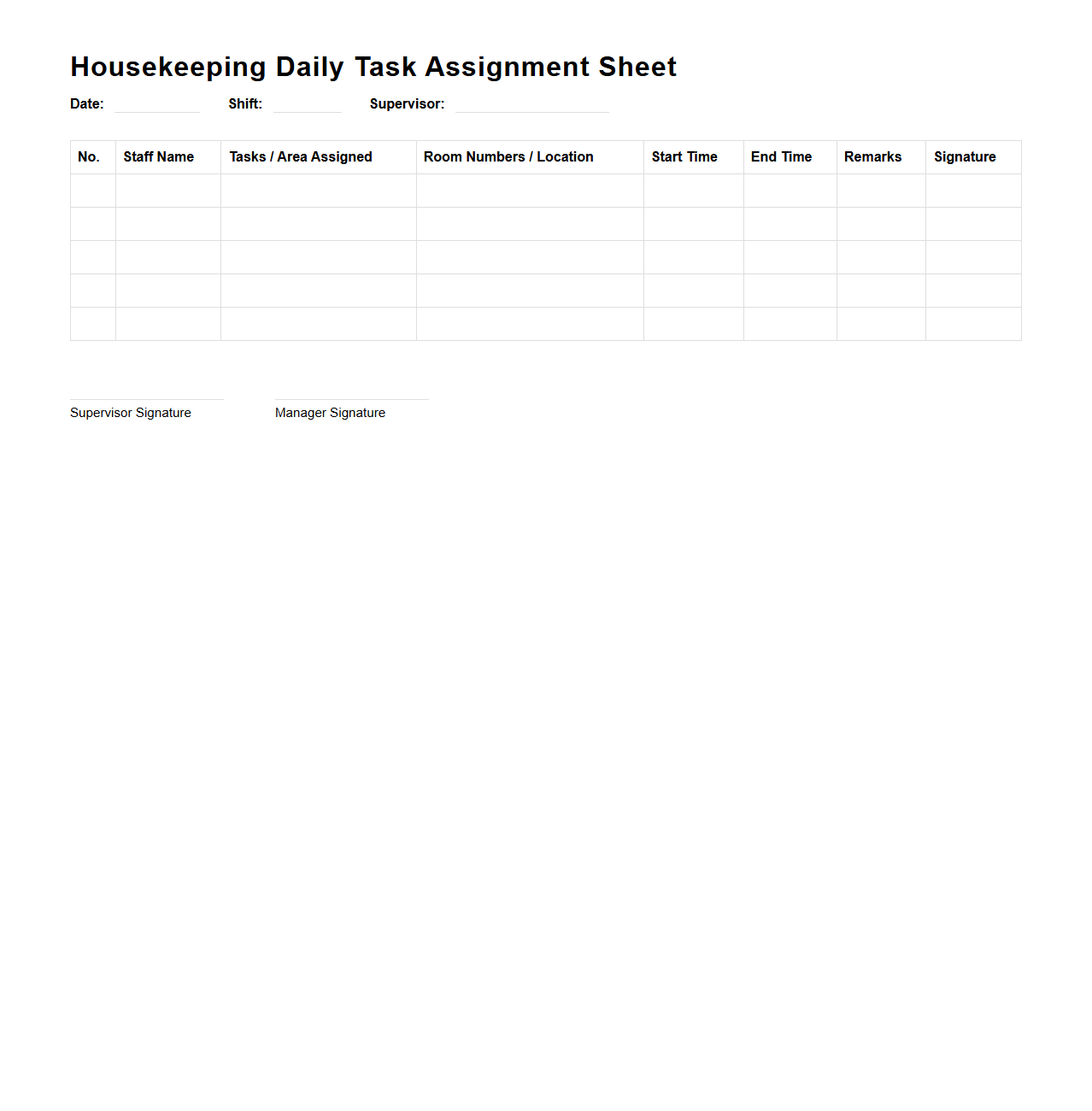 Housekeeping Daily Task Assignment Sheet
