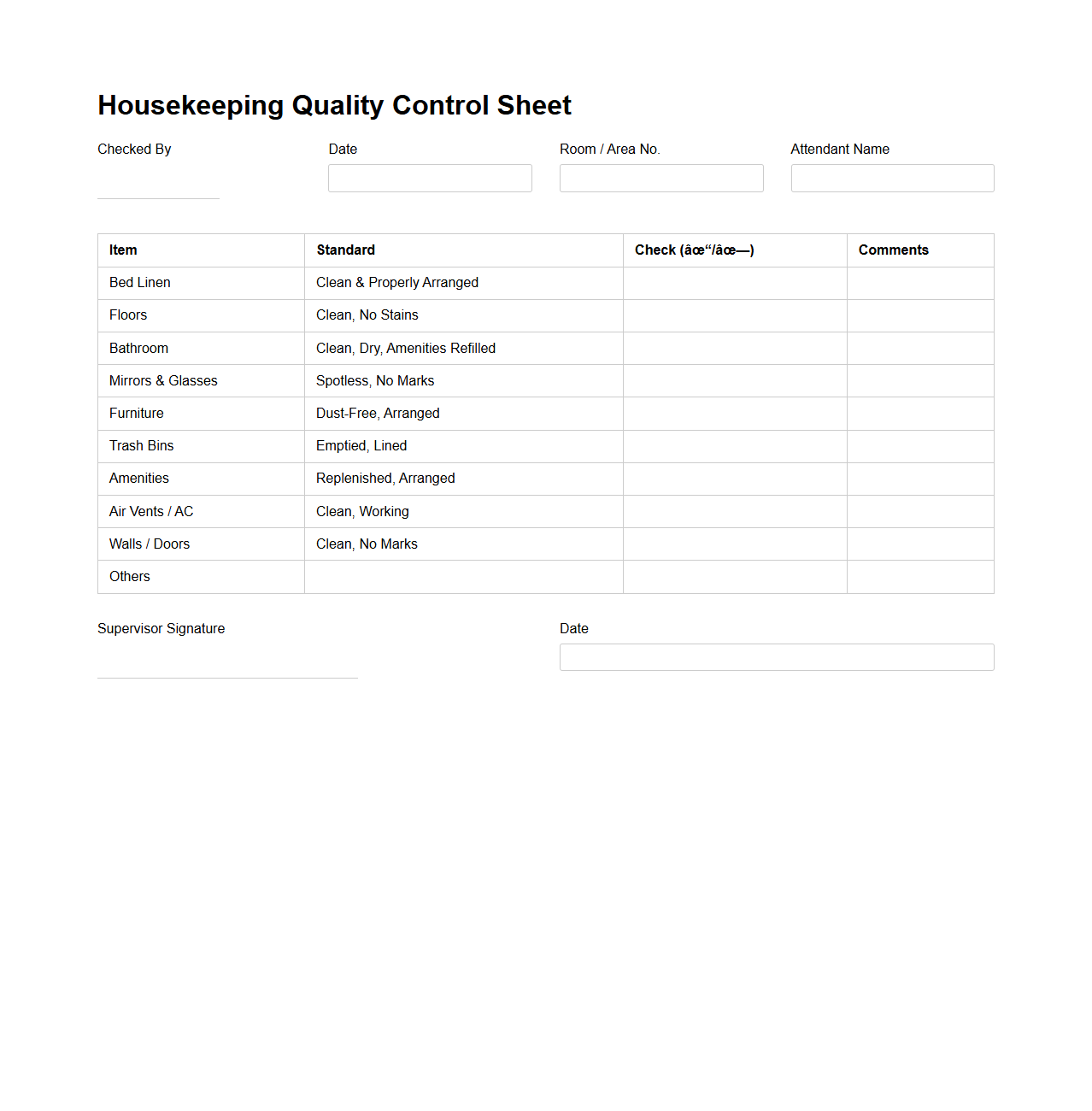 Housekeeping Quality Control Sheet Sample