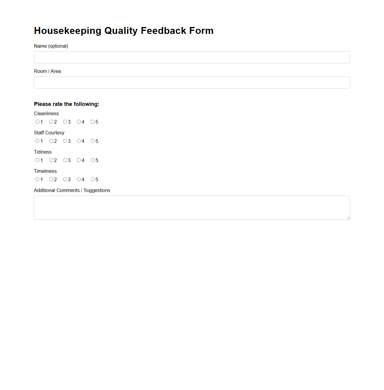 Housekeeping Quality Feedback Form