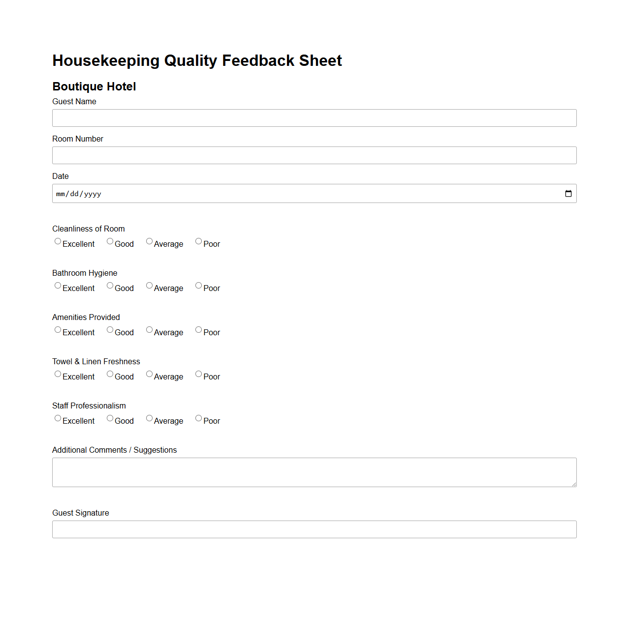 Housekeeping Quality Feedback Sheet for Boutique Hotels