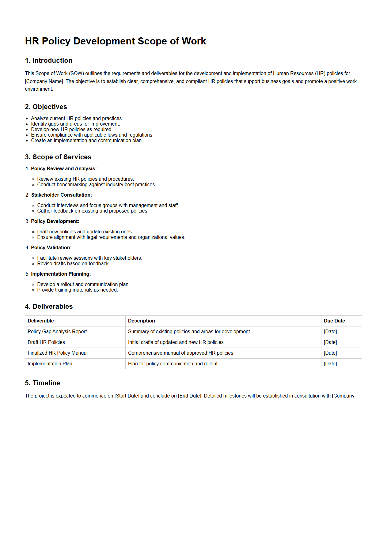 HR Policy Development Scope of Work Document Sample