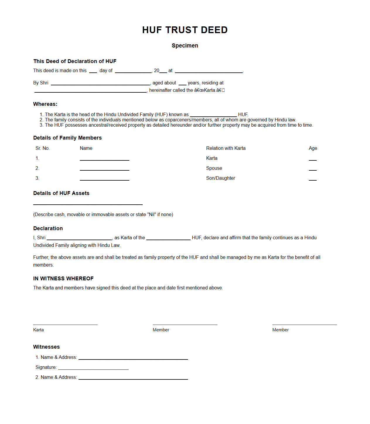 HUF Trust Deed Specimen