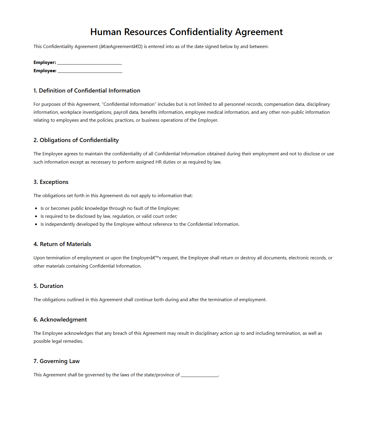 Human Resources Confidentiality Agreement Template