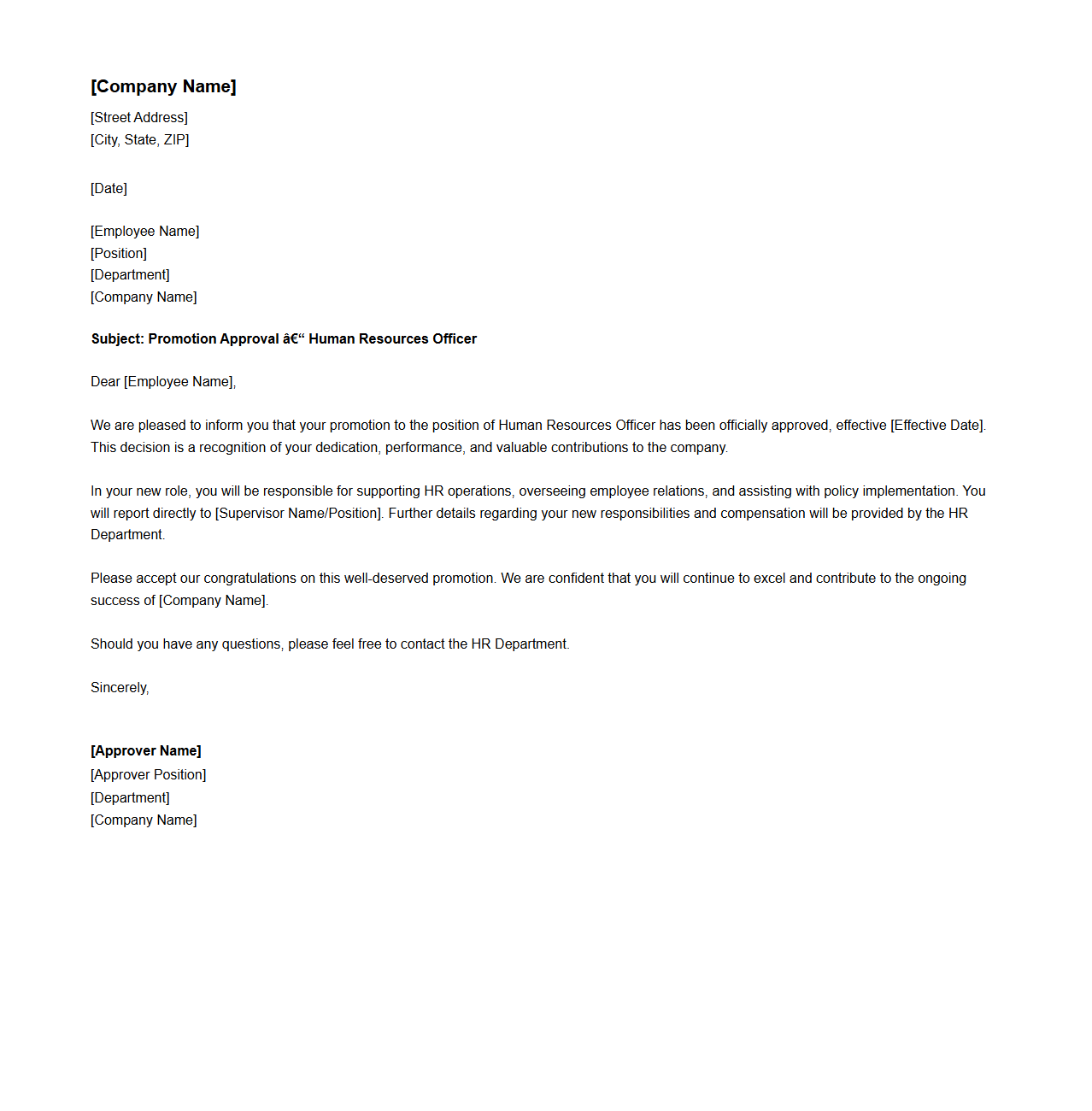 Human Resources Officer Promotion Approval Letter