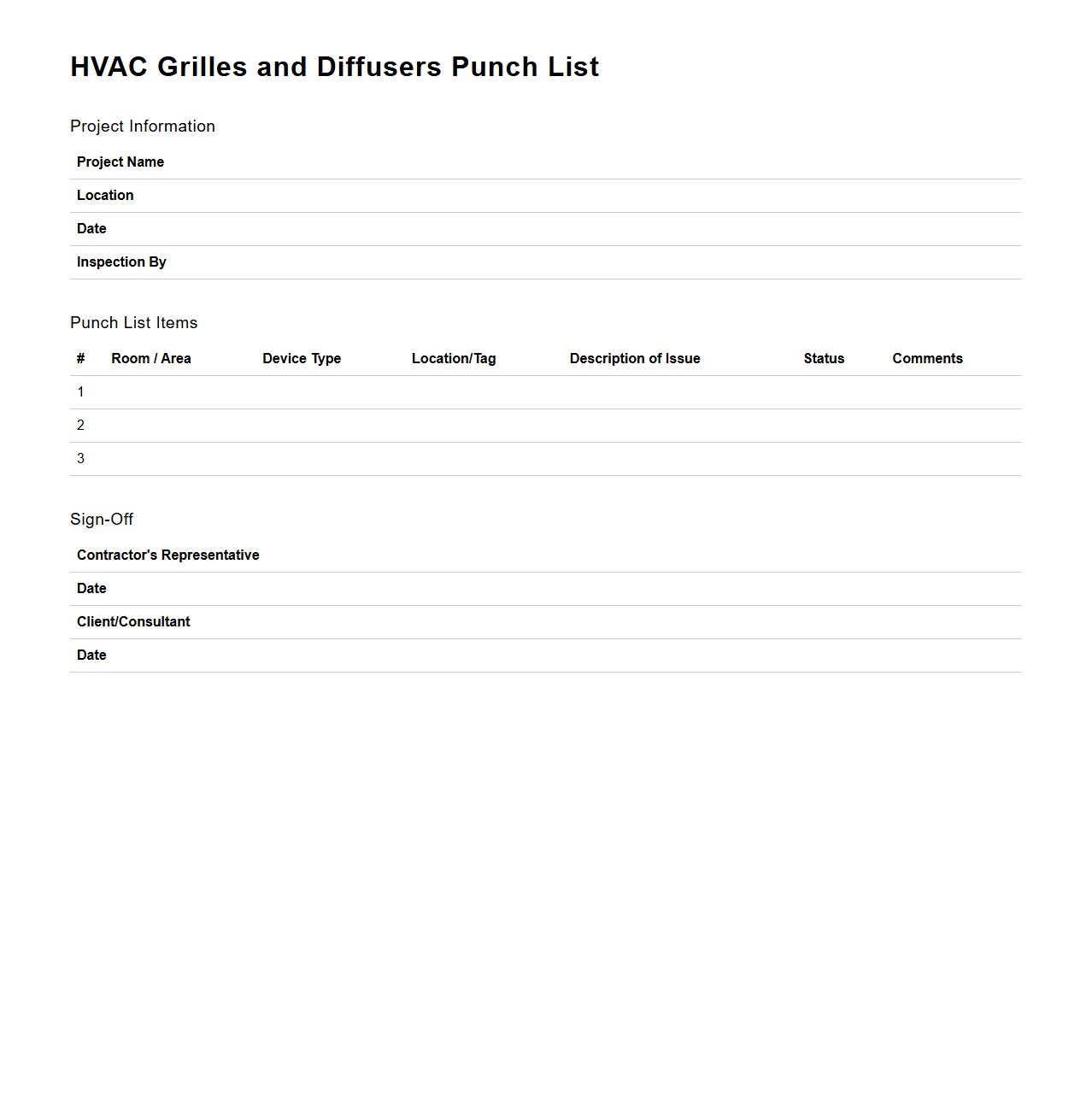 HVAC Grilles and Diffusers Punch List Sample