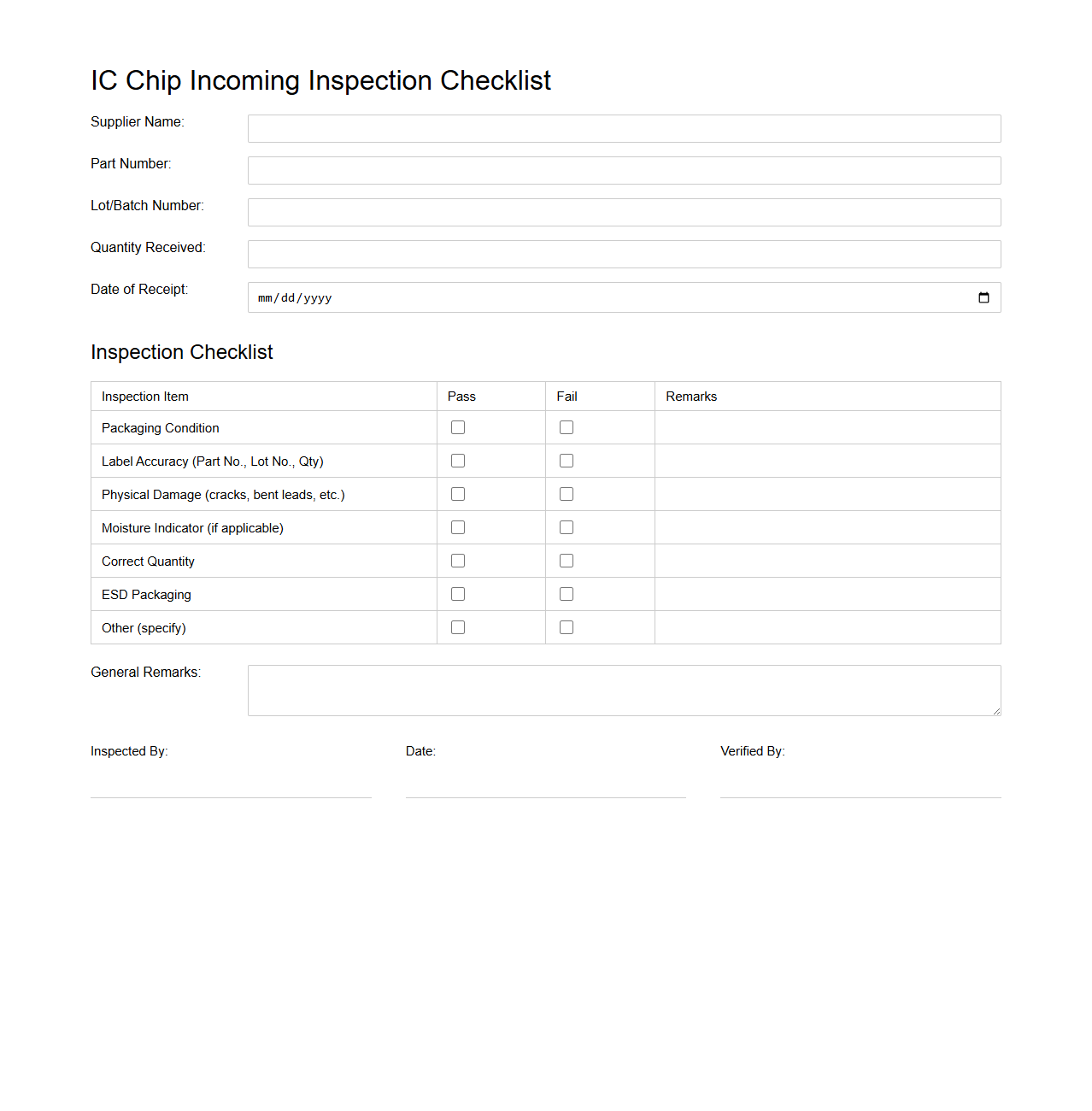 IC Chip Incoming Inspection Checklist Example
