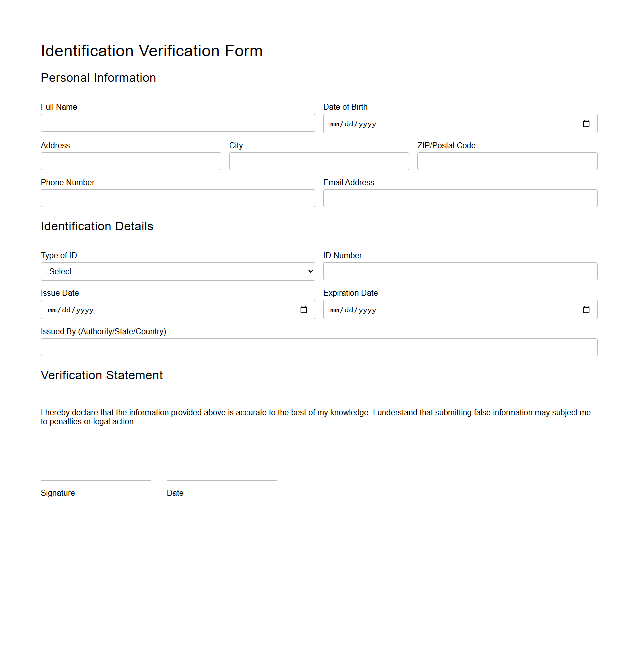 Identification Verification Form Sample