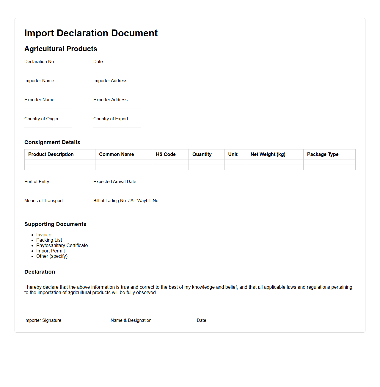 Import Declaration Document Example for Agricultural Products