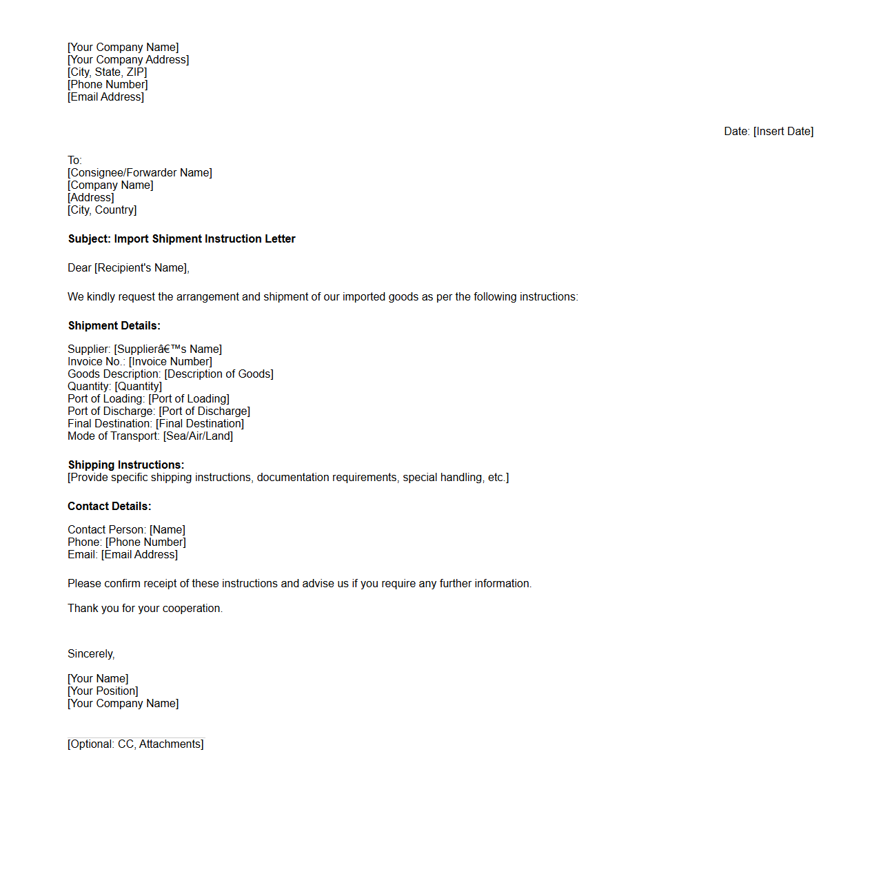 Import Shipment Instruction Letter Template