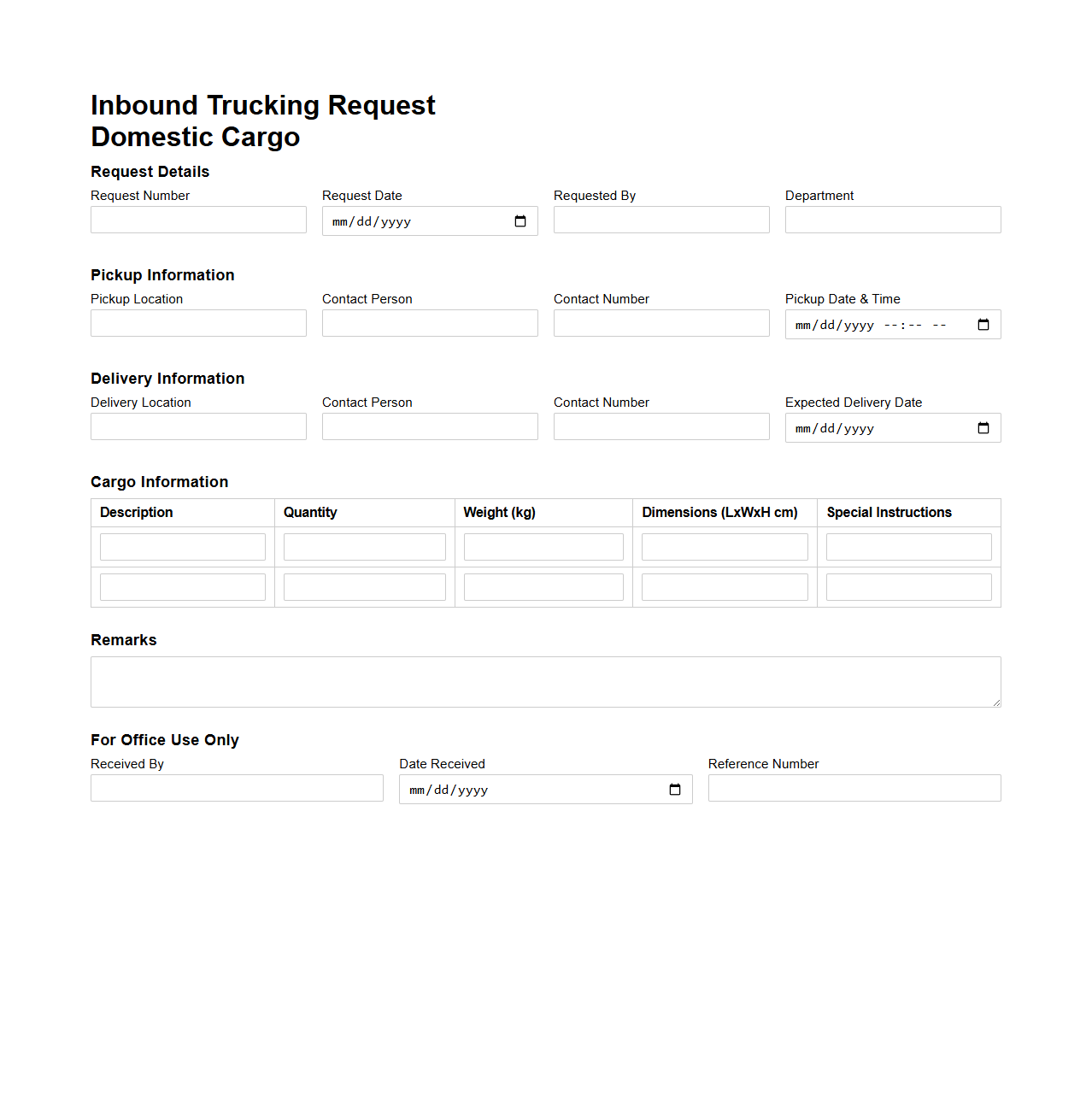 Inbound Trucking Request Document for Domestic Cargo