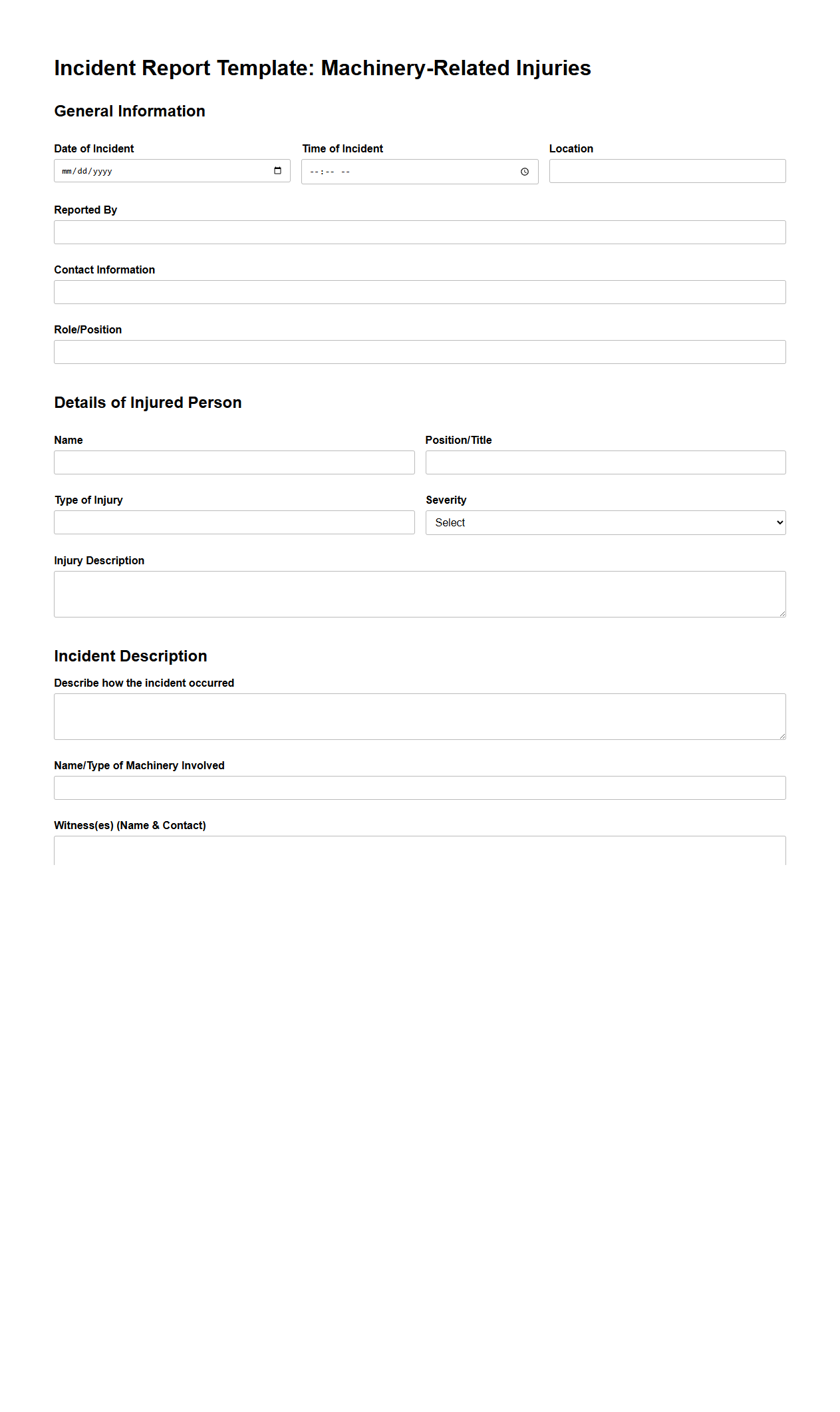 Incident Report Template for Machinery-Related Injuries