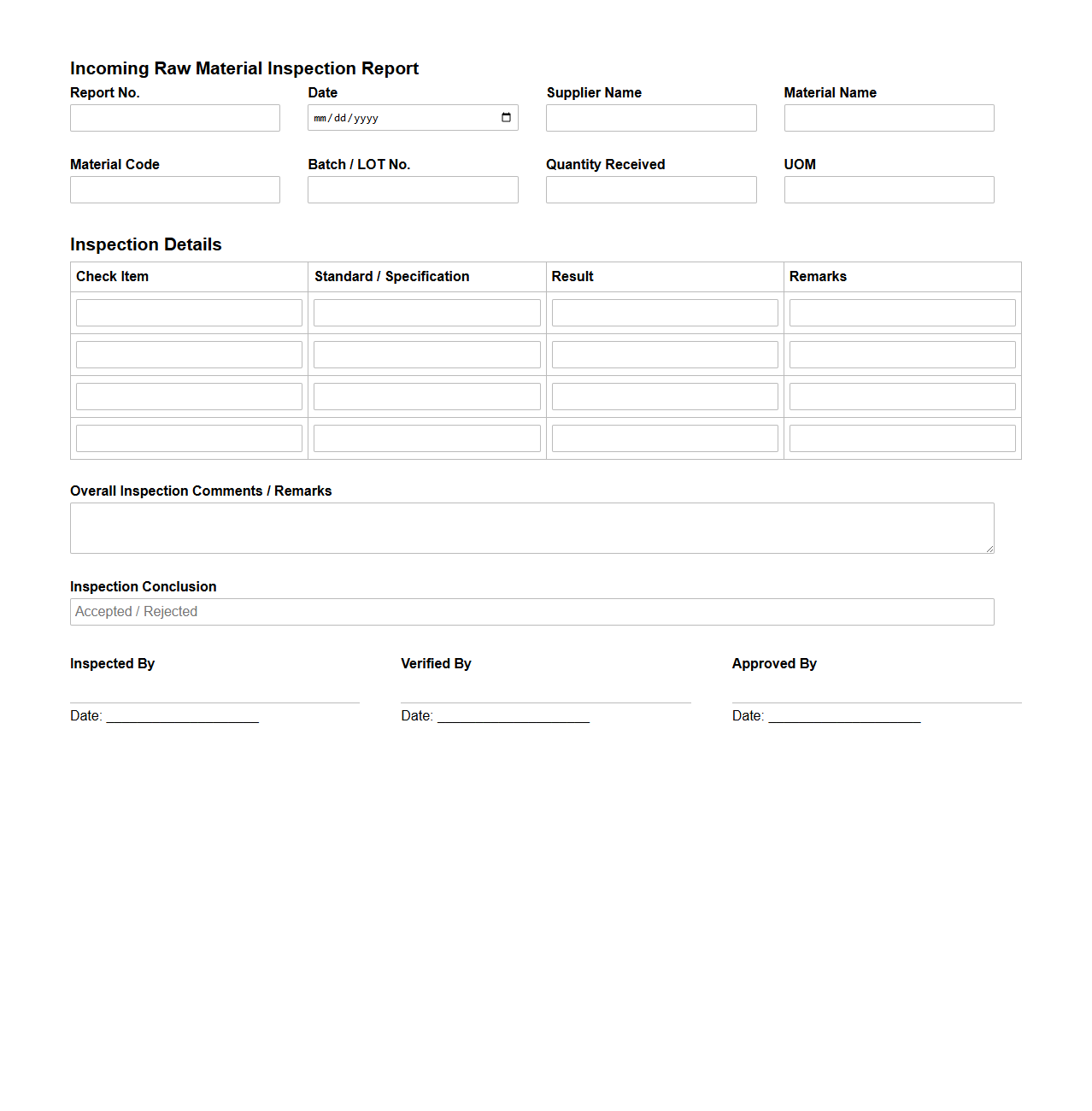 Incoming Raw Material Inspection Report Template