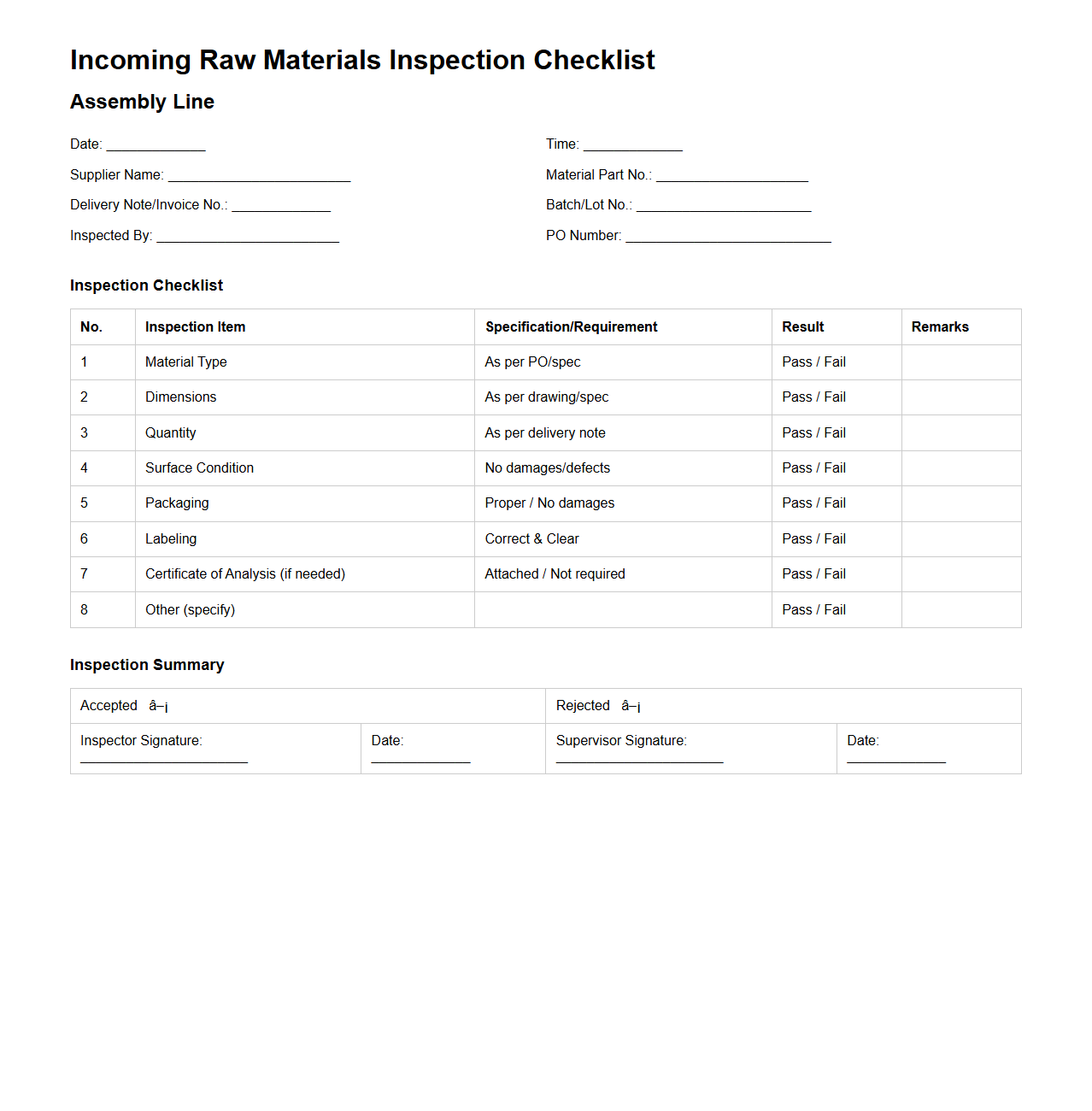 Incoming Raw Materials Inspection Checklist for Assembly Line