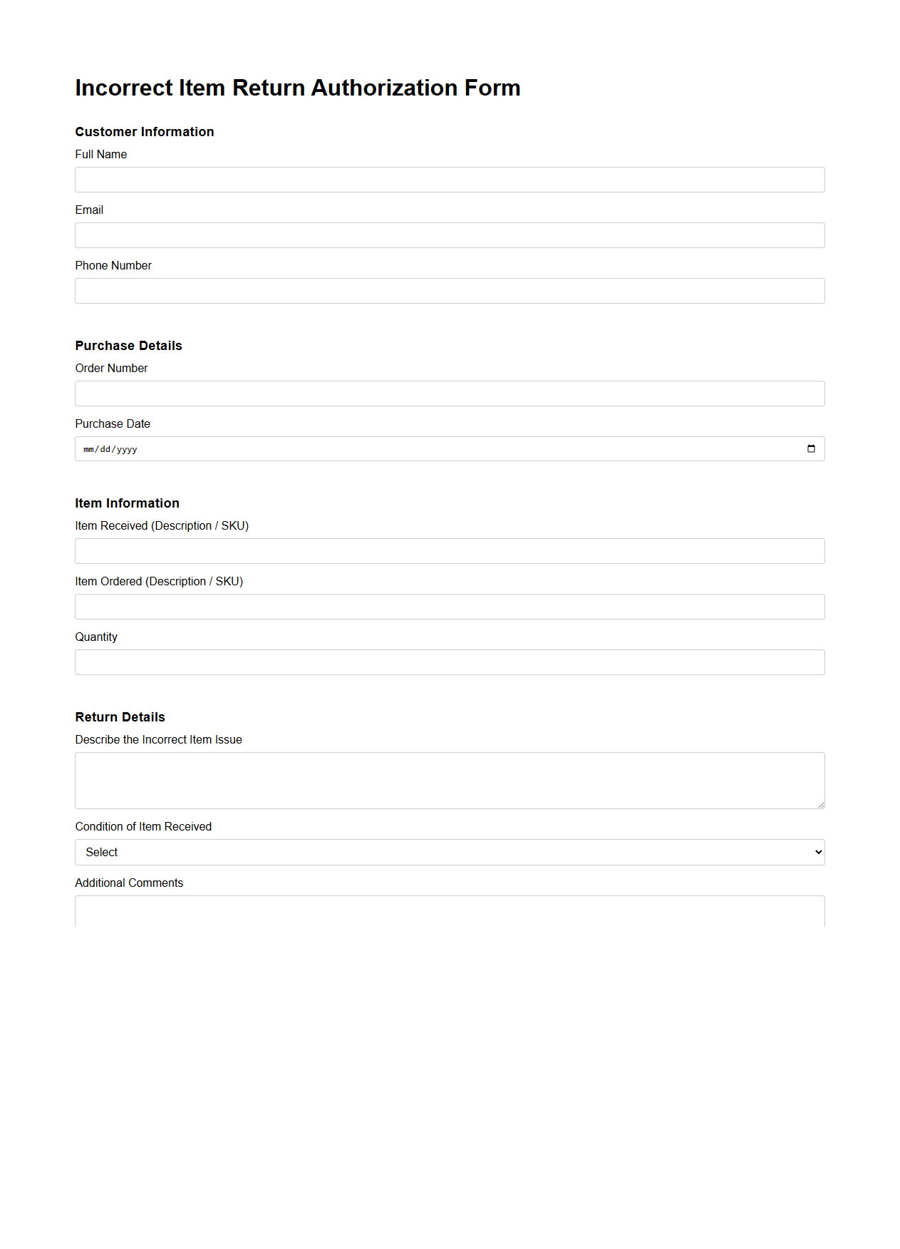 Incorrect Item Return Authorization Form for Retail Store