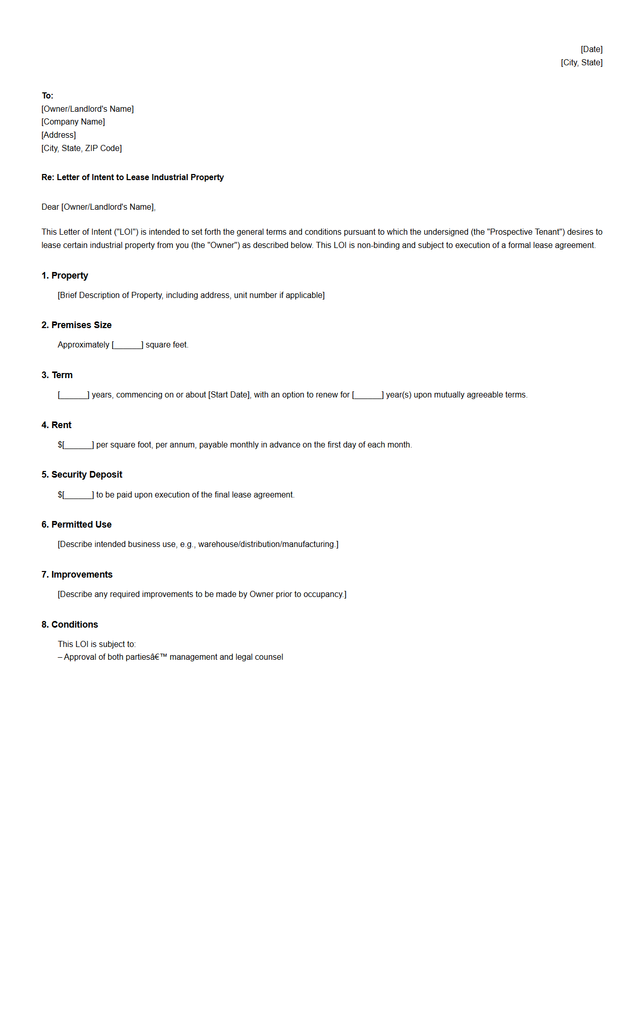 Industrial Property Letter of Intent Draft