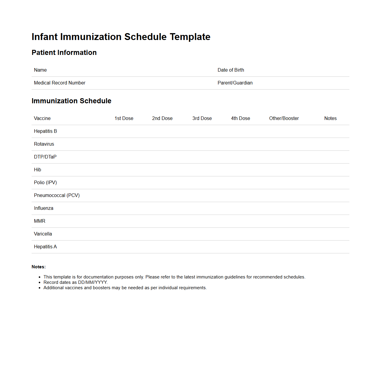 Infant Immunization Schedule Template