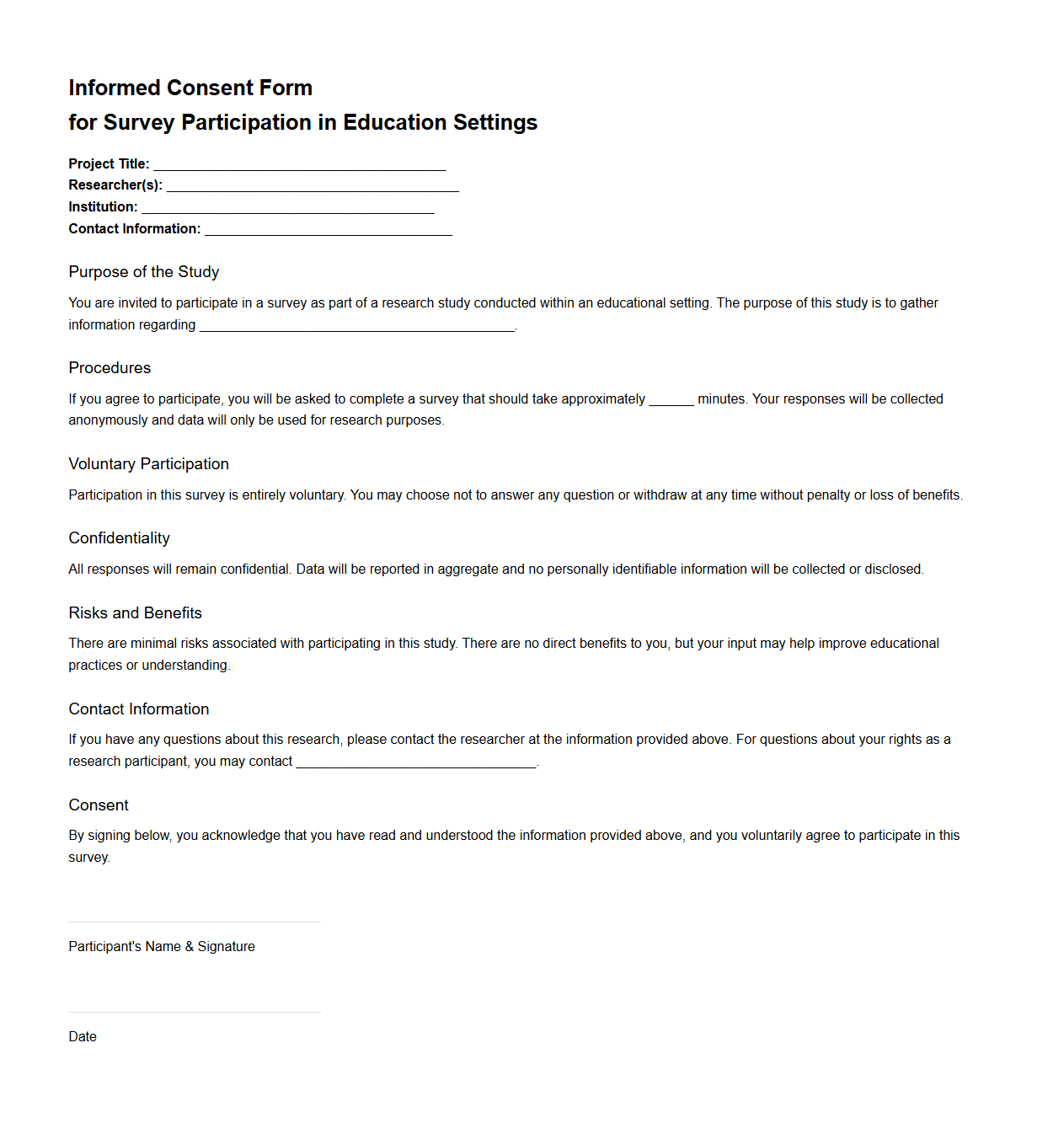 Informed Consent Form for Survey Participation in Education Settings