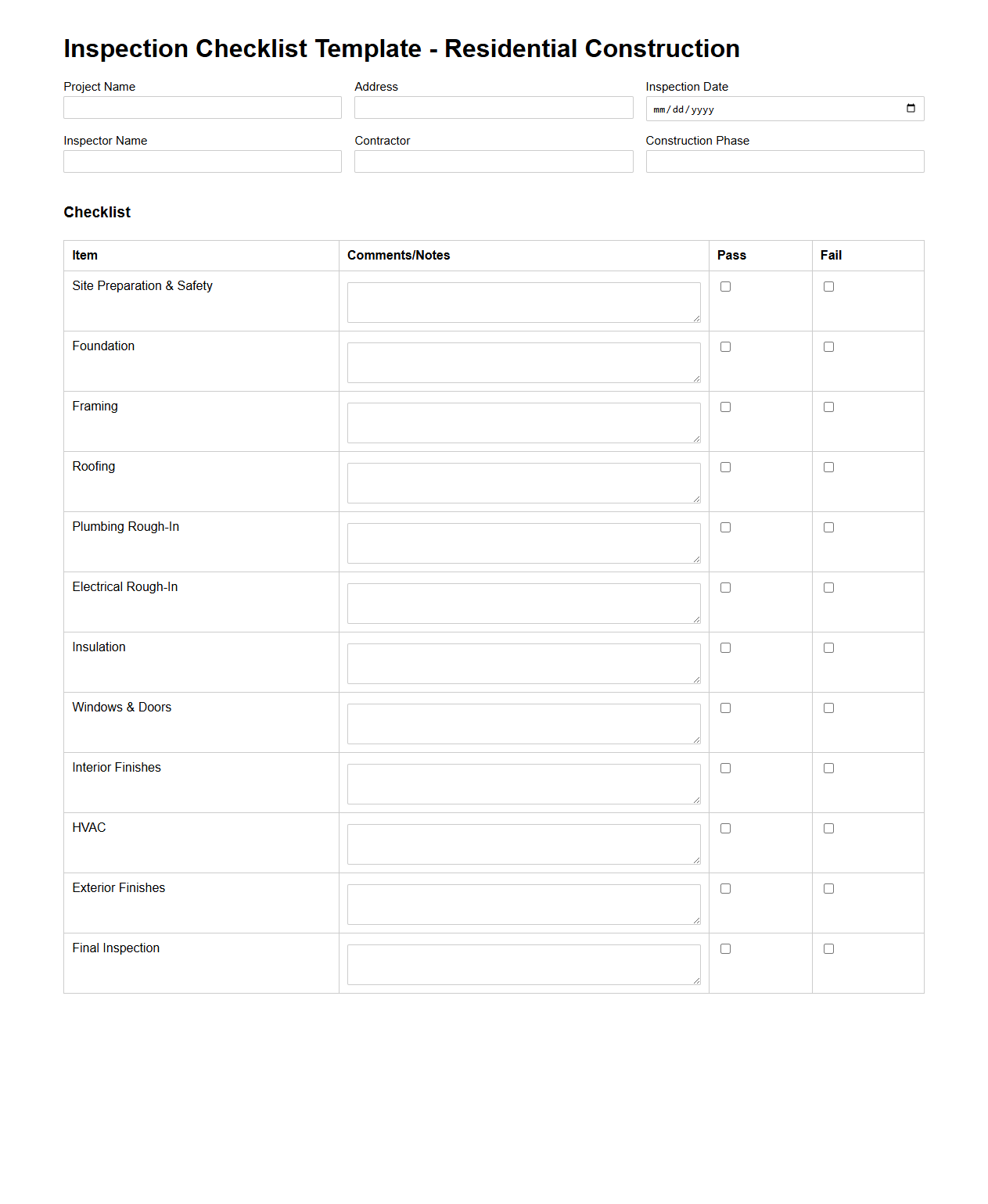 Inspection Checklist Template for Residential Construction