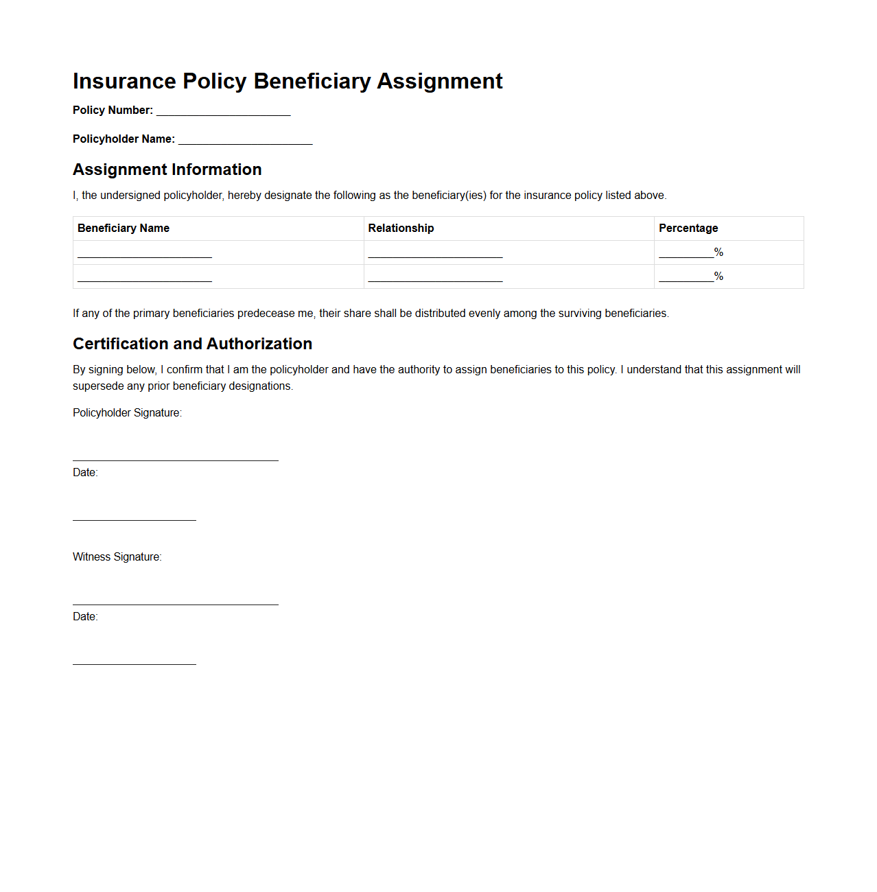 Insurance Policy Beneficiary Assignment Sample
