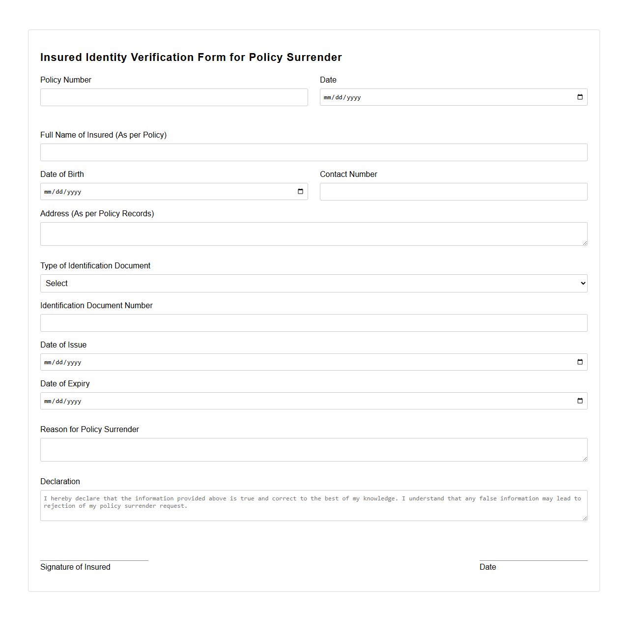 Insured Identity Verification Form for Policy Surrender