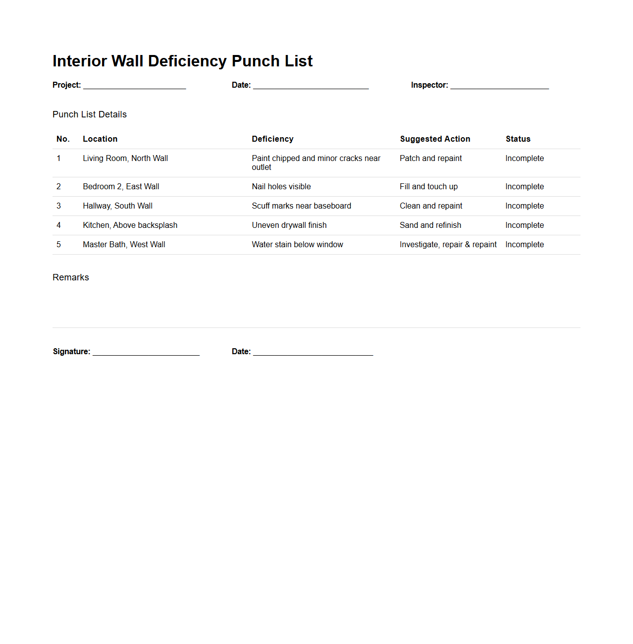 Interior Wall Deficiency Punch List Example