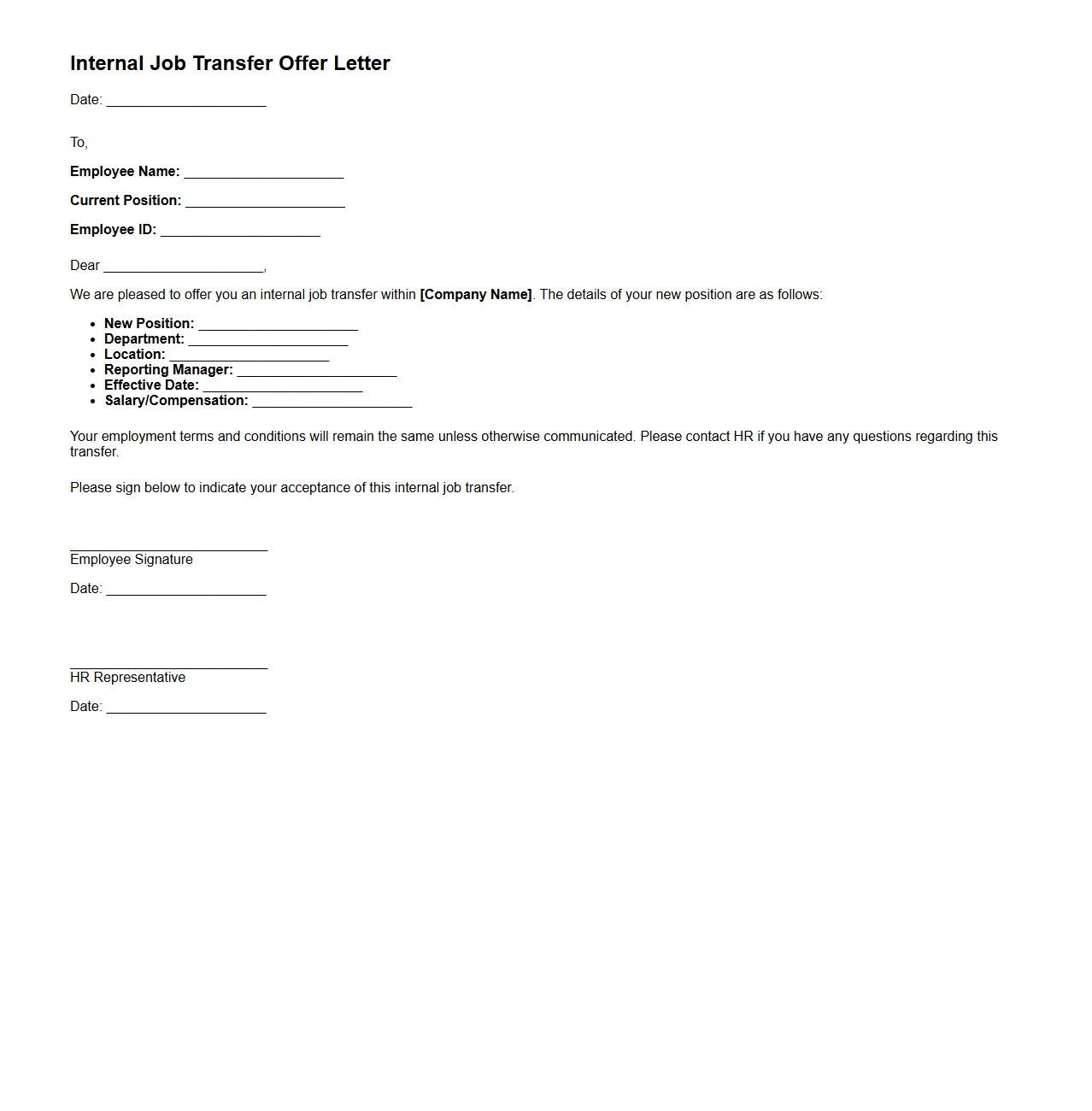 Internal Job Transfer Offer Letter