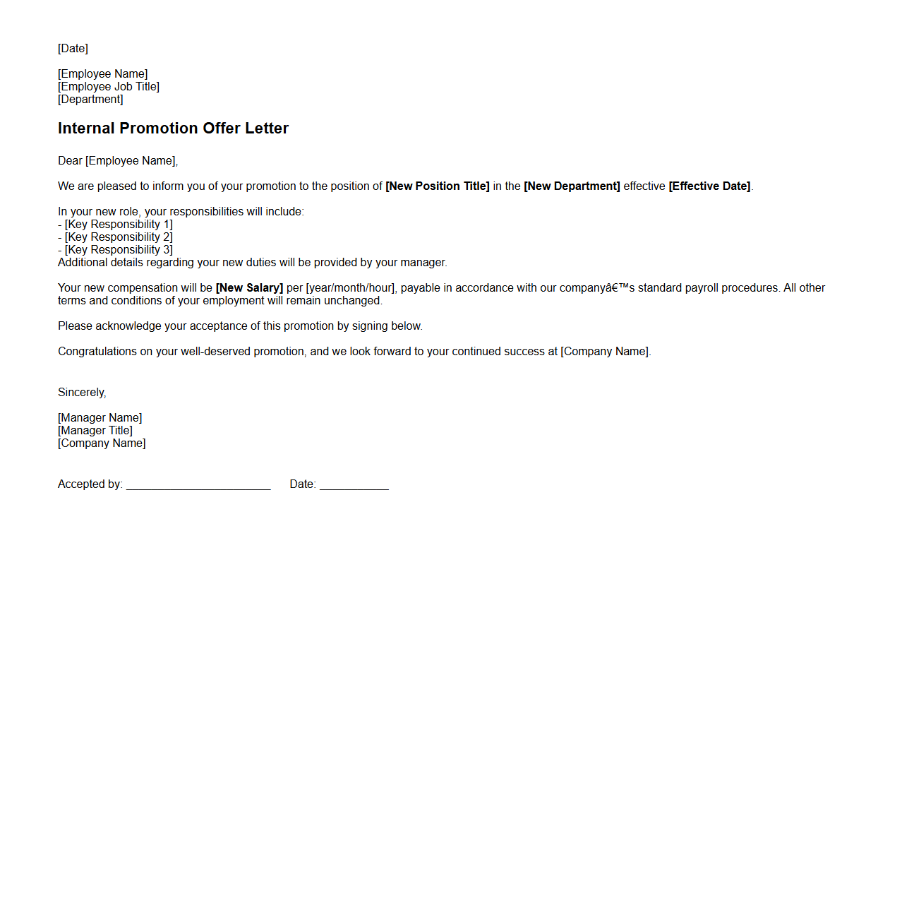 Internal Promotion Offer Letter Example