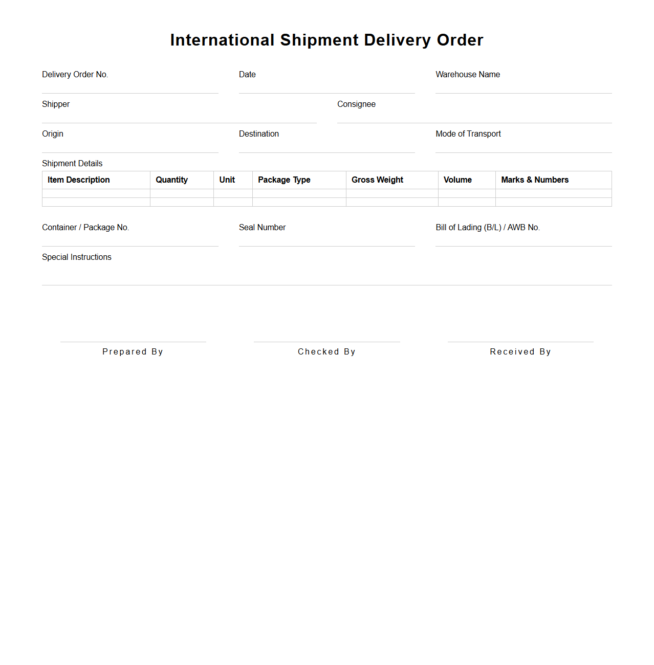 International Shipment Delivery Order Format for Warehouse
