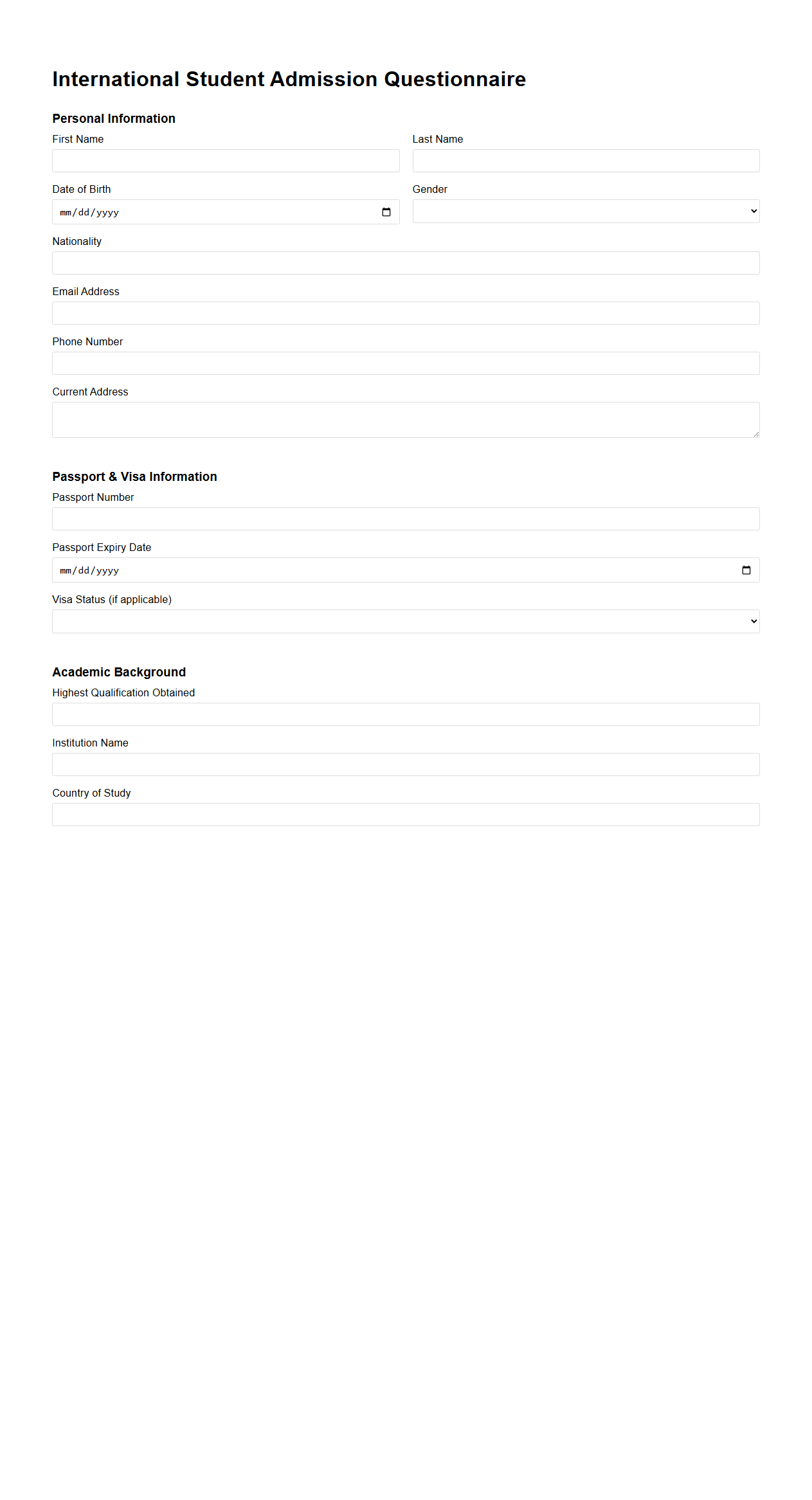 International Student Admission Questionnaire