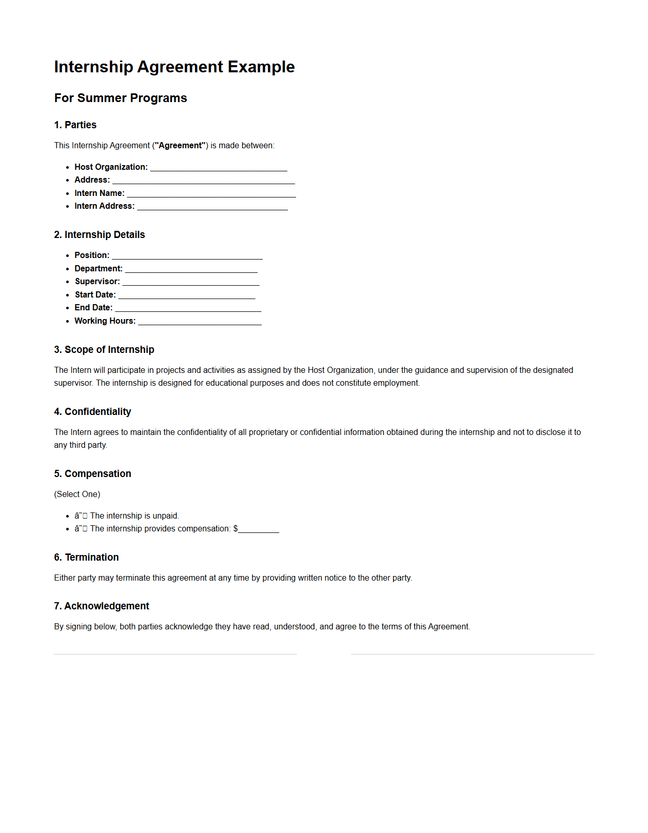 Internship Agreement Example for Summer Programs