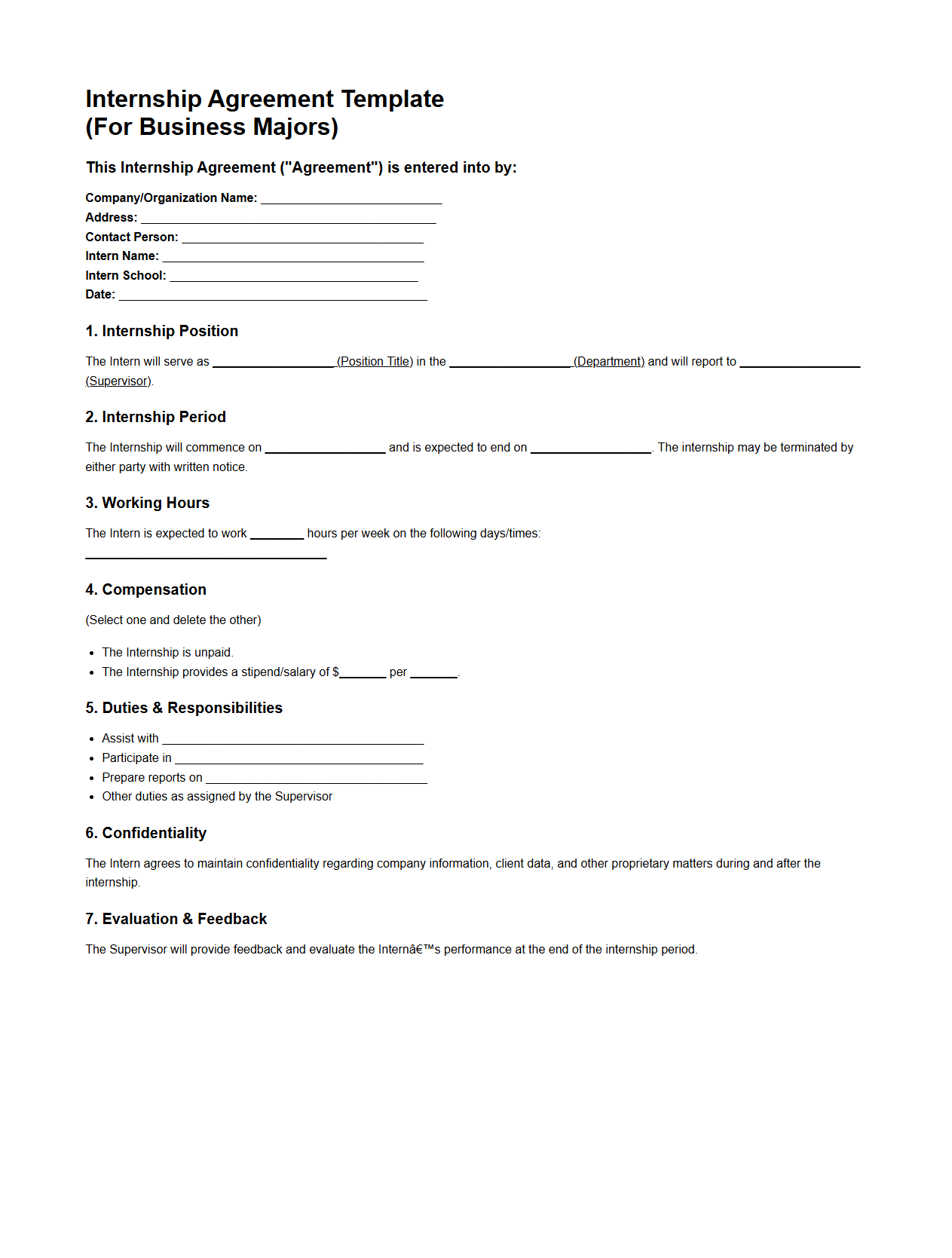 Internship Agreement Template for Business Majors