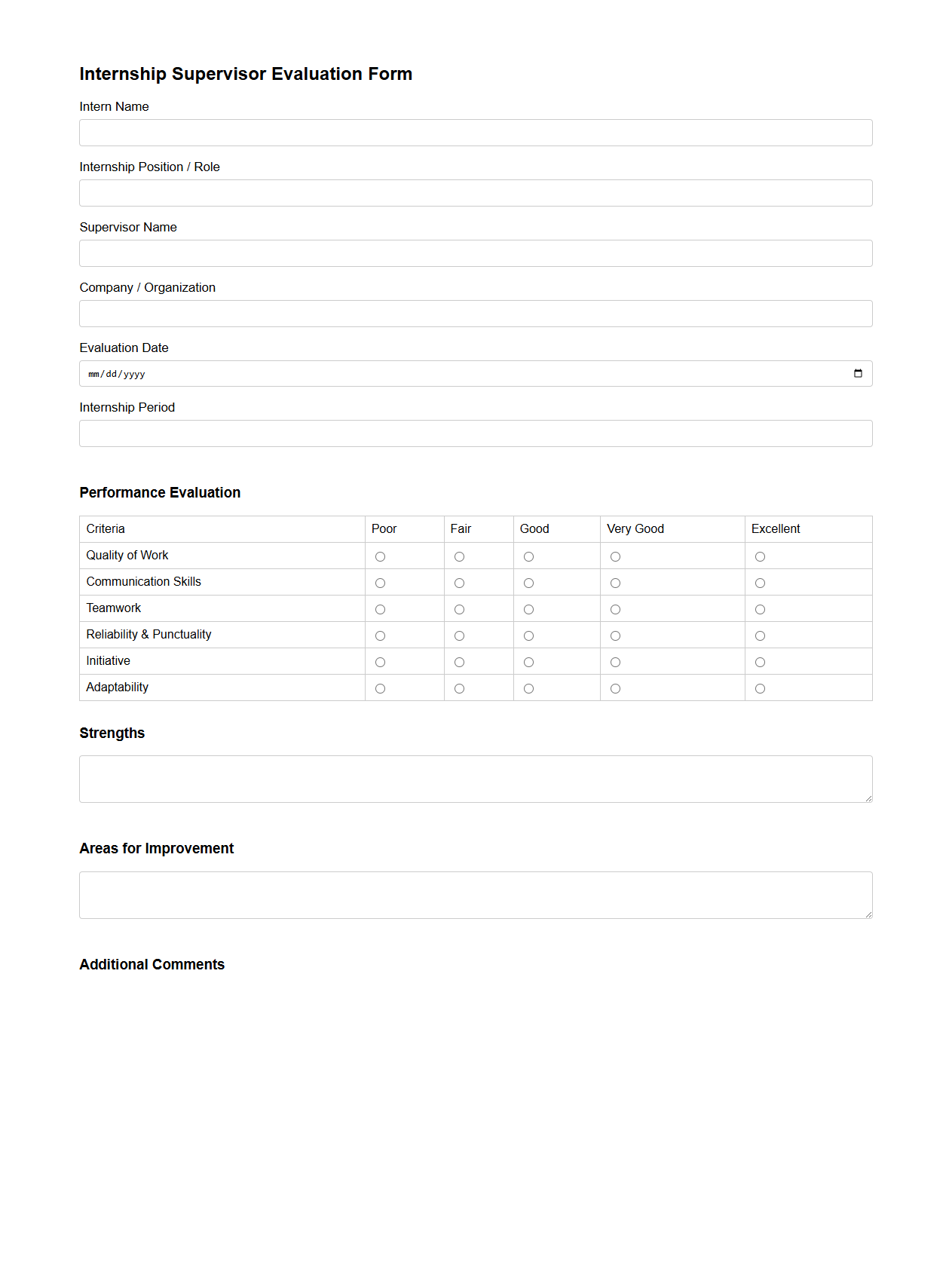 Internship Supervisor Evaluation Form