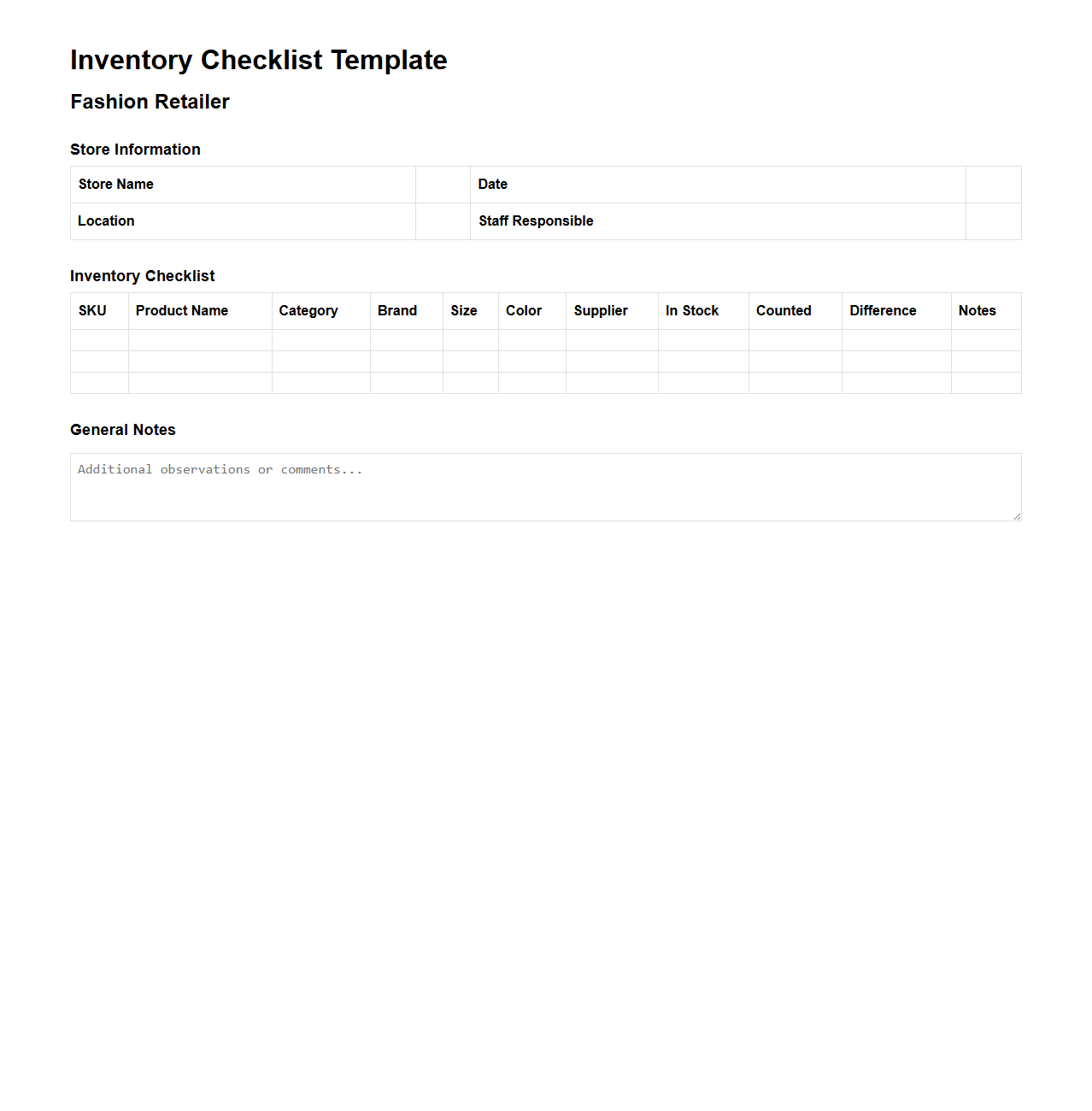 Inventory Checklist Template for Fashion Retailers