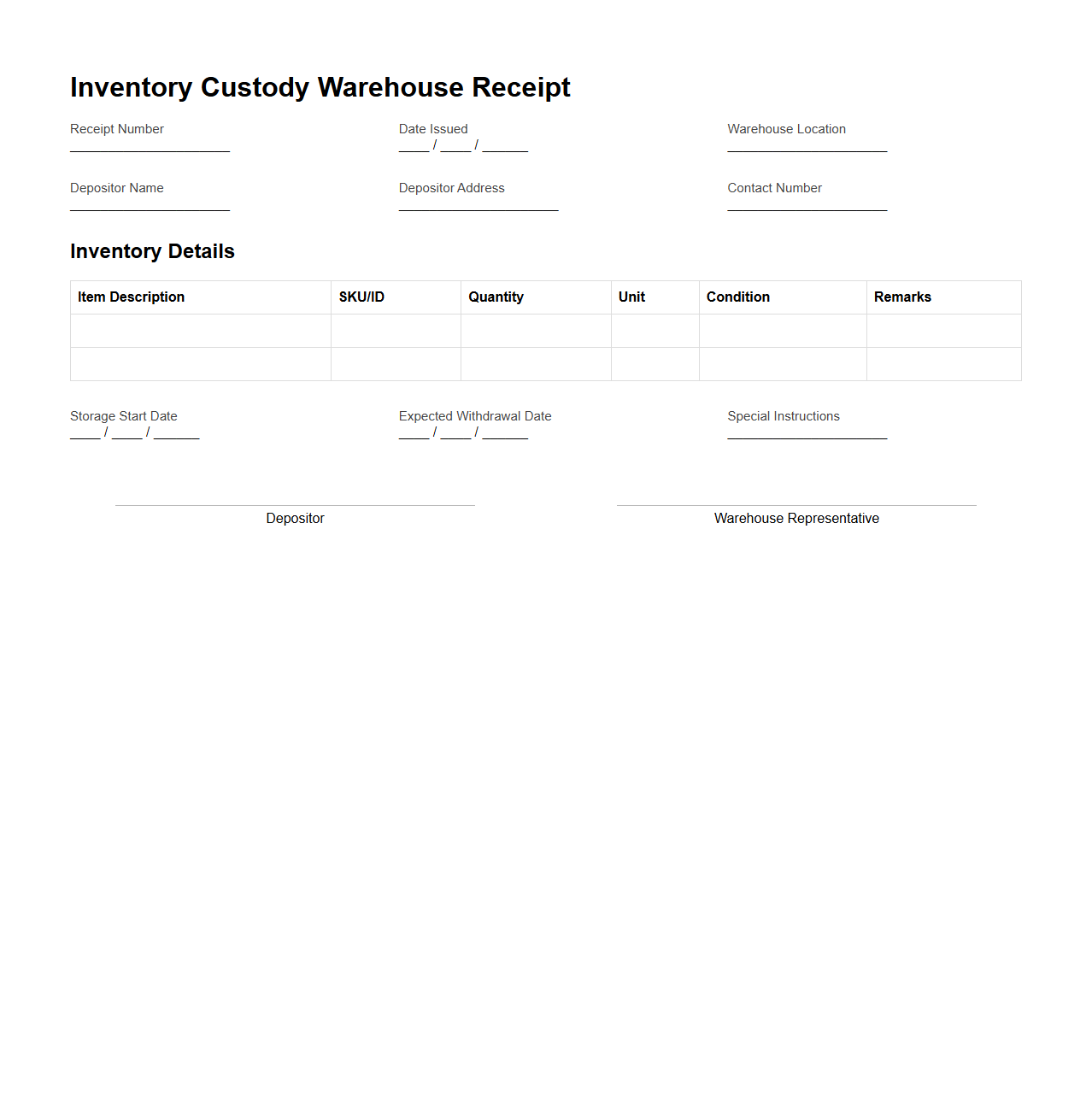 Inventory Custody Warehouse Receipt Example