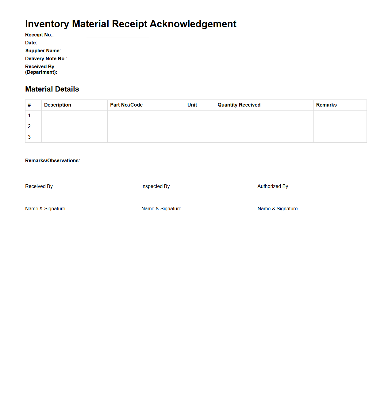 Inventory Material Receipt Acknowledgement Sample