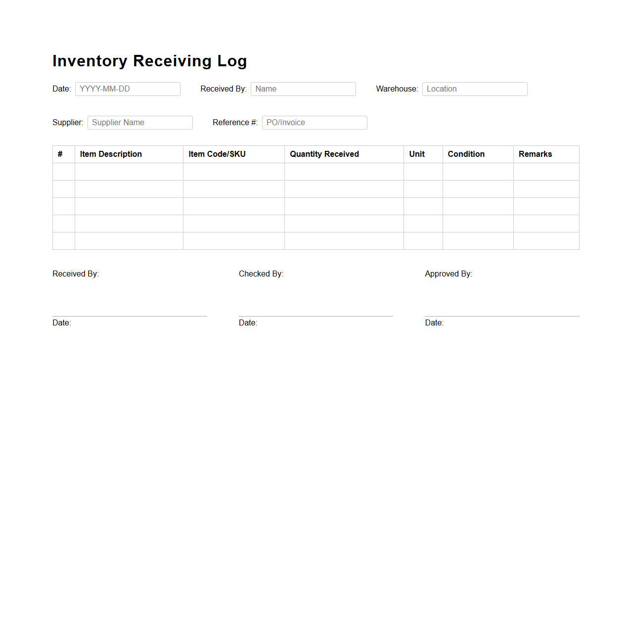 Inventory Receiving Log Template for Warehouse
