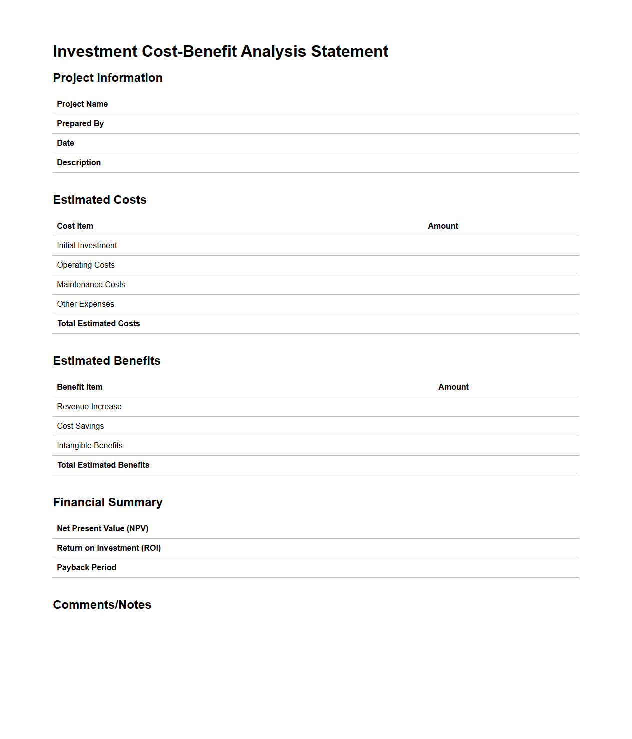 Investment Cost-Benefit Analysis Statement