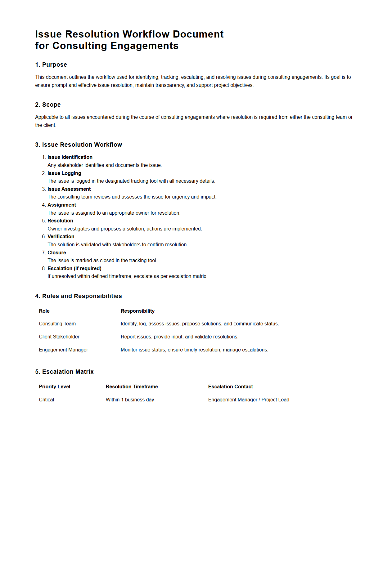 Issue Resolution Workflow Document for Consulting Engagements