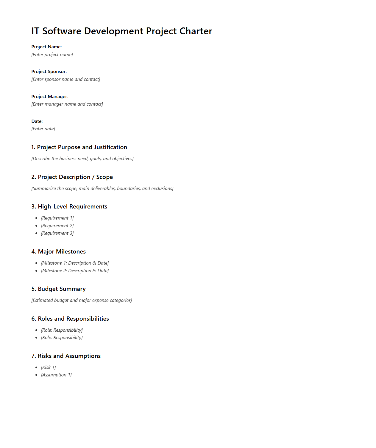 IT Software Development Project Charter Outline