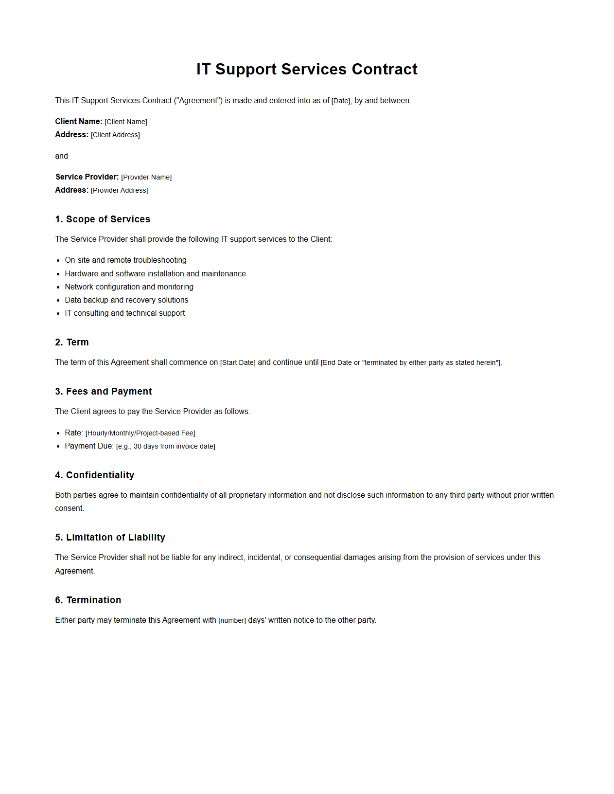 IT Support Services Contract Sample