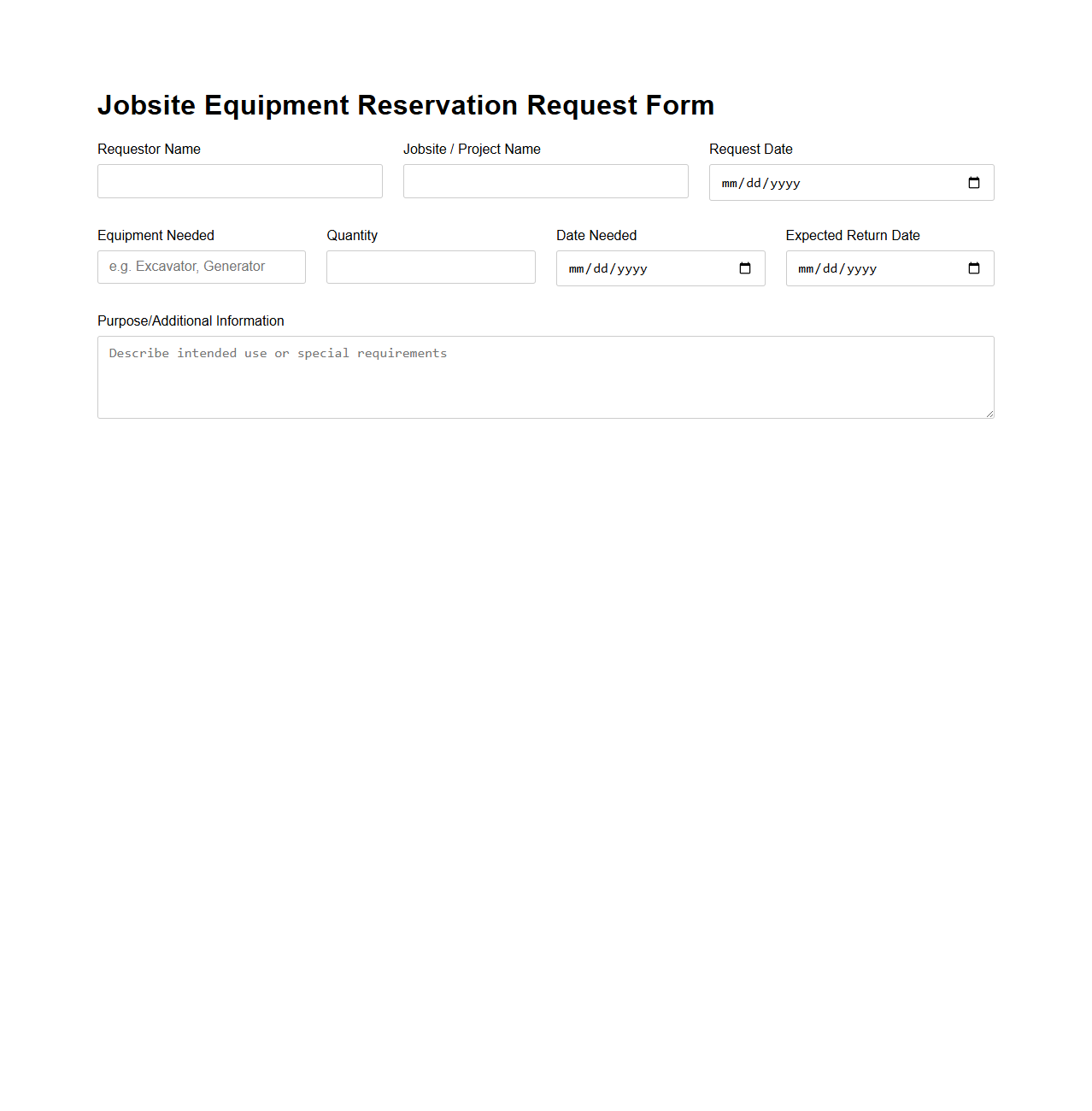 Jobsite Equipment Reservation Request Form