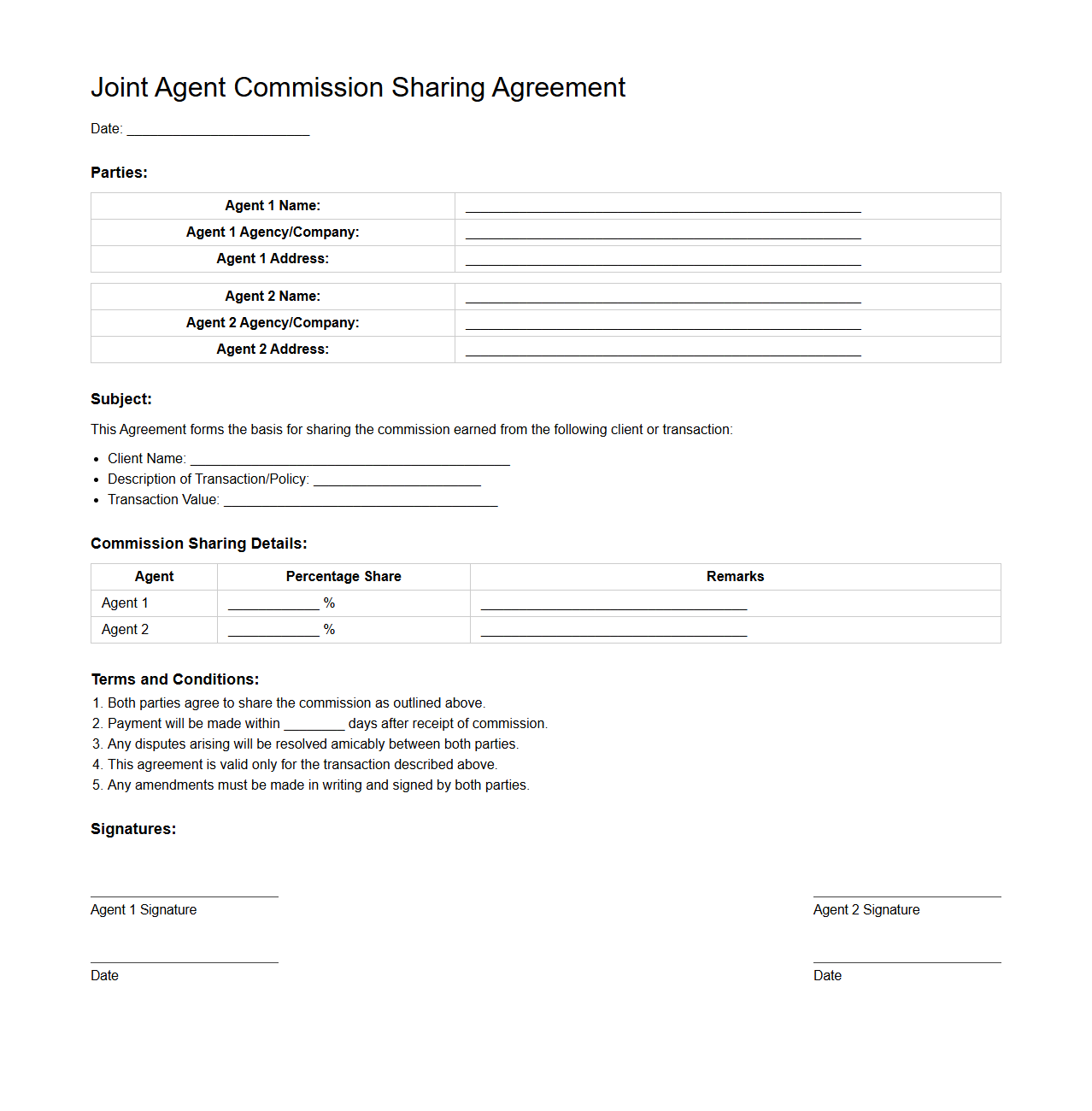Joint Agent Commission Sharing Agreement Format