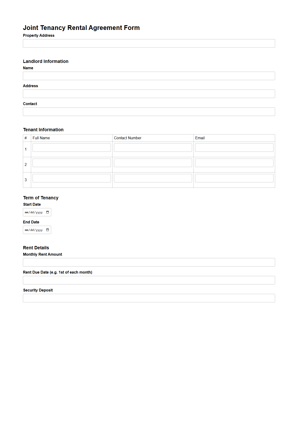 Joint Tenancy Rental Agreement Form