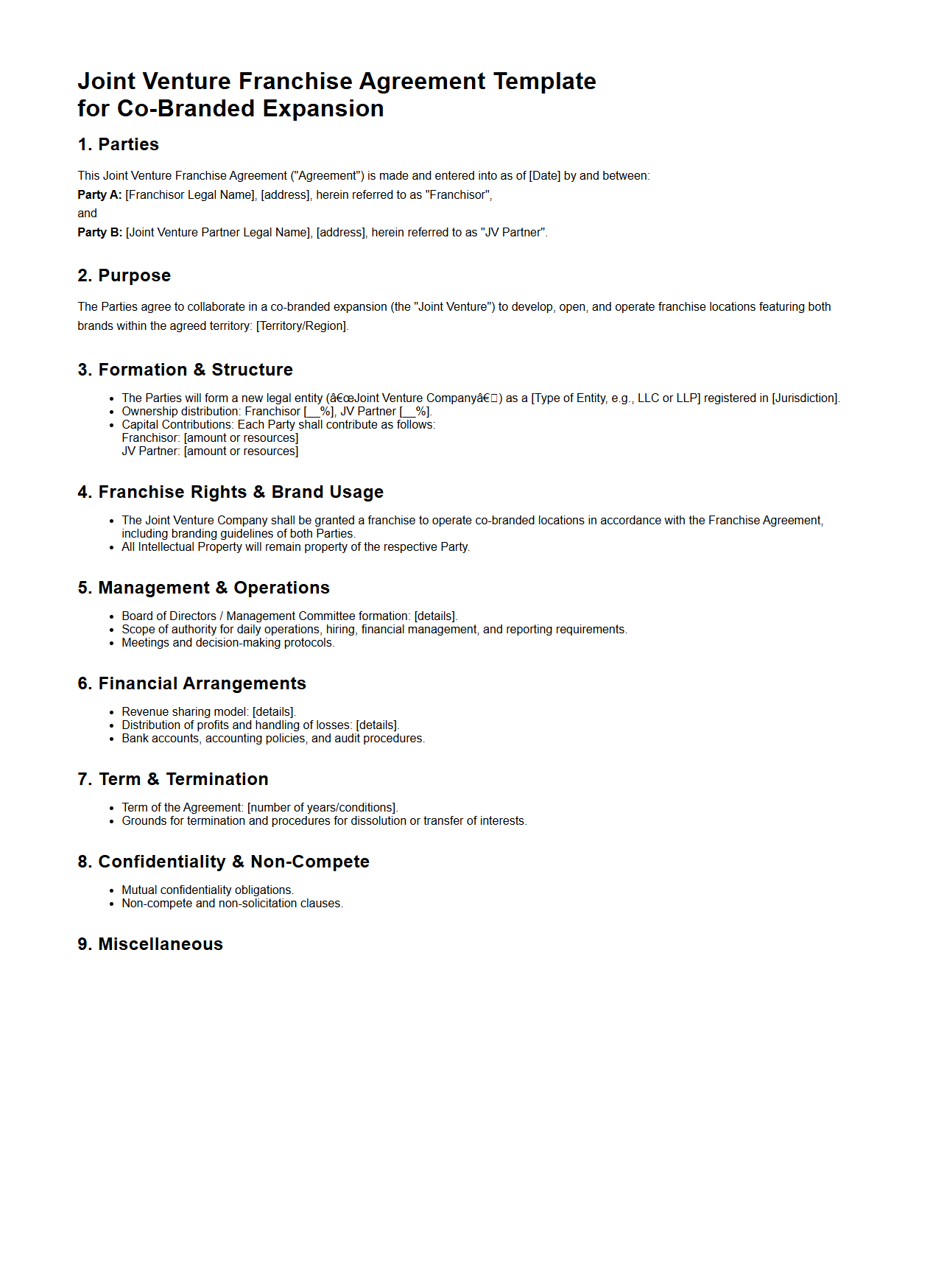 Joint Venture Franchise Agreement Template for Co-Branded Expansion
