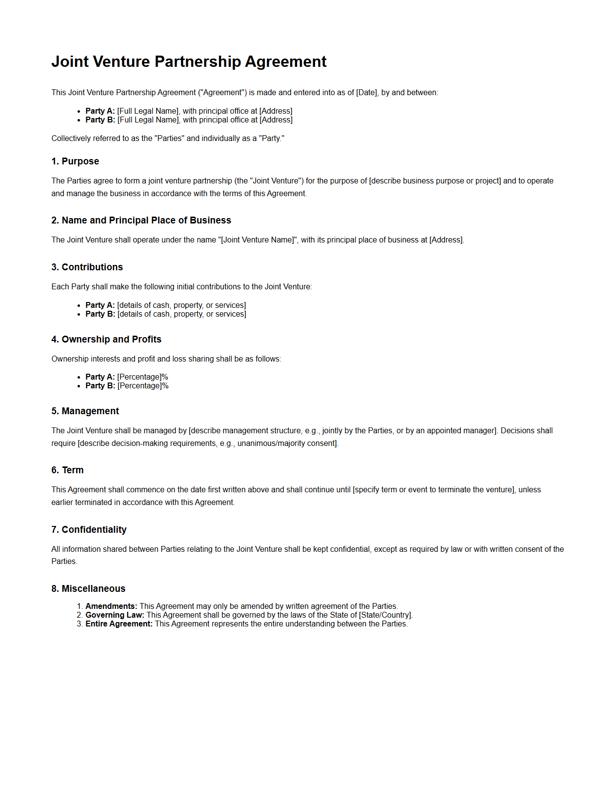 Joint Venture Partnership Agreement Sample for New Businesses