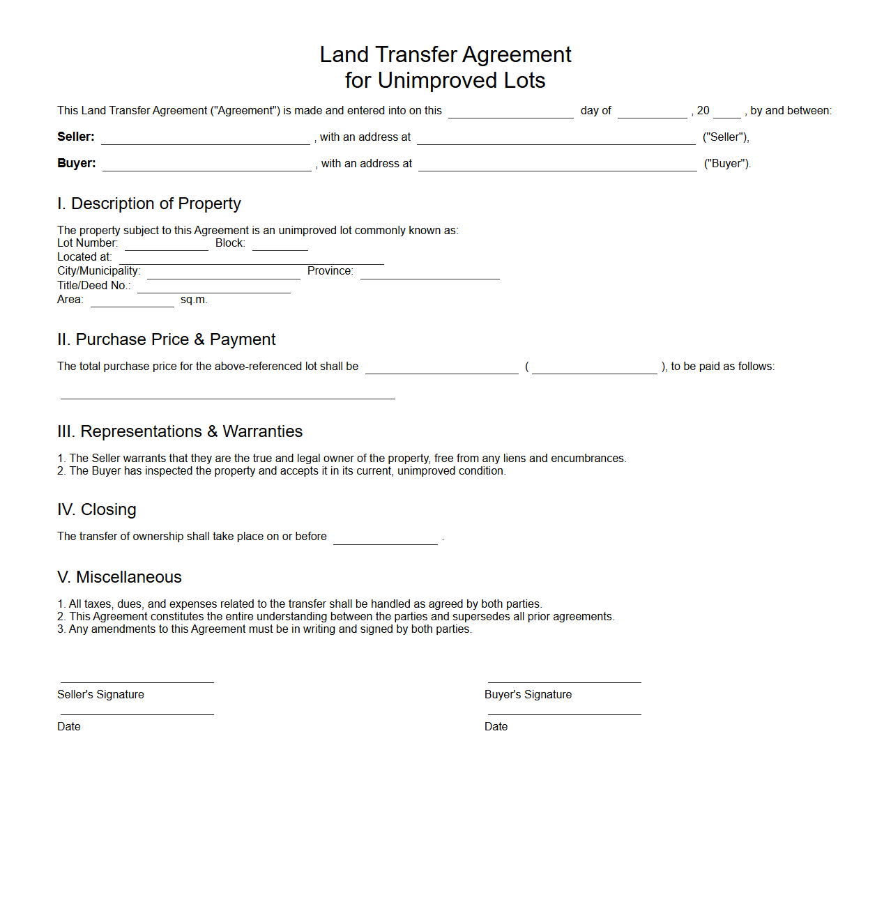 Land Transfer Agreement for Unimproved Lots