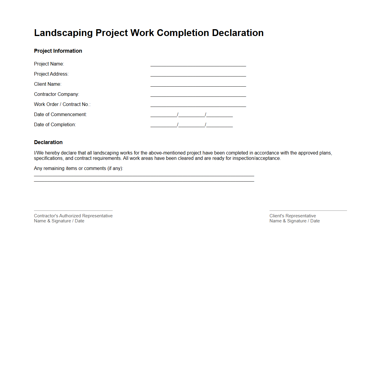 Landscaping Project Work Completion Declaration