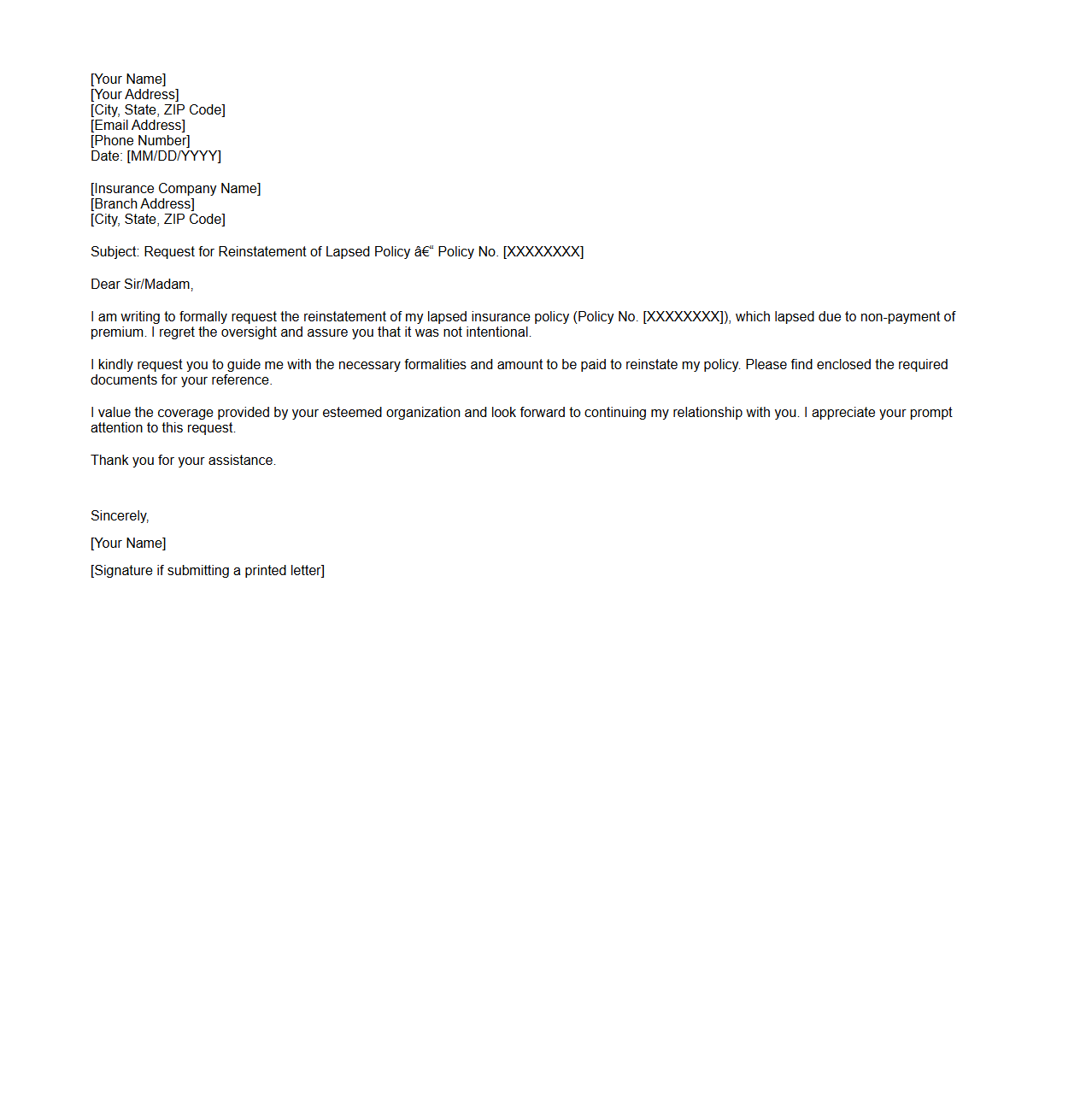 Lapsed Policy Reinstatement Request Letter Sample